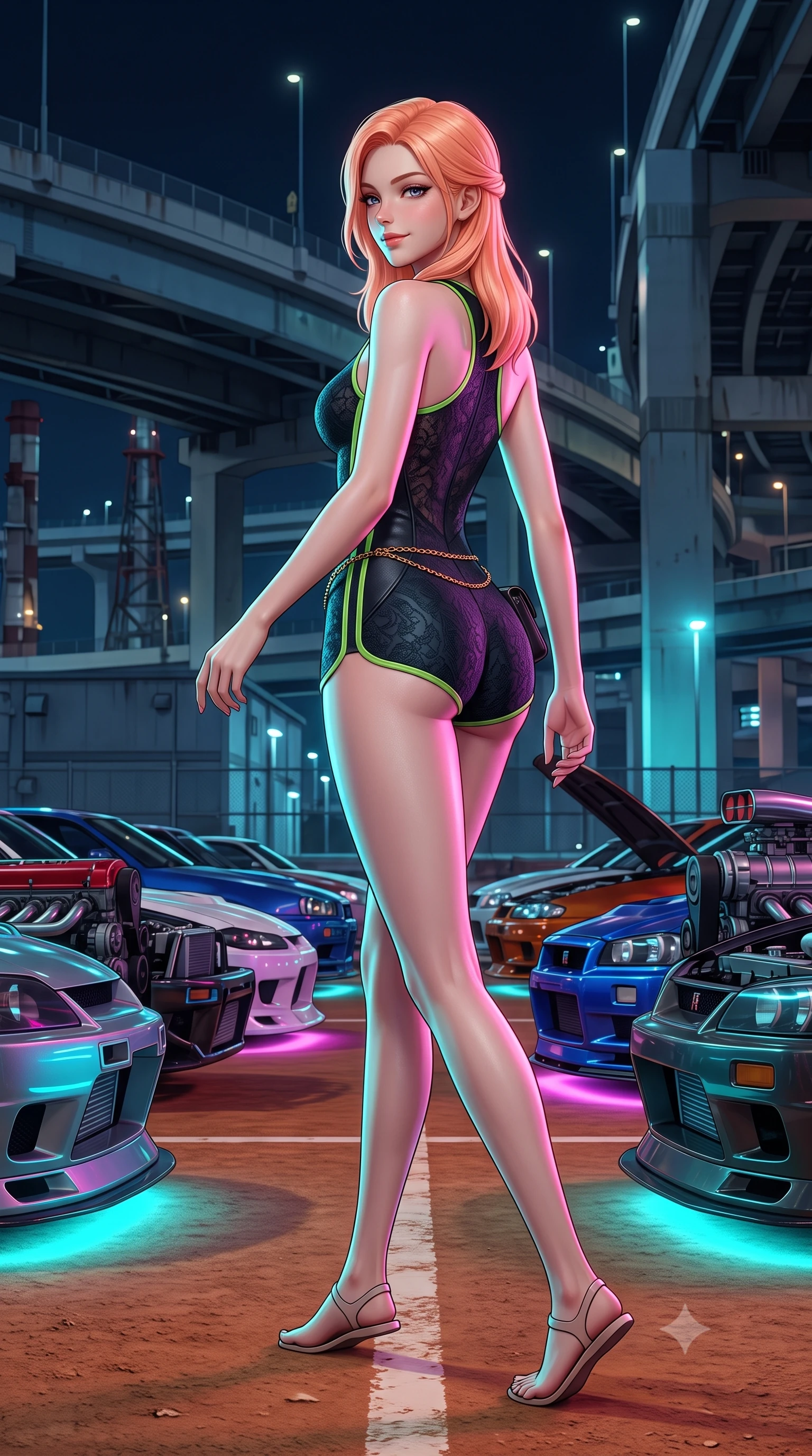 score_9, masterpiece, best quality, ultra-detailed, high-budget anime keyframe, semi-realistic 3D game render, editorial fashion photography, tasteful artistic composition, Japanese woman. low angle full-body shot from head to toe showing her feet, filling the entire 9:16 vertical frame with her statuesque presence, stretching her vertical silhouette. walking slowly along the clay court baseline, looking back over her shoulder with an air of effortless grace and an alluring, smoldering smile while walking slowly down the row of roaring tuned engines with sovereign swagger, her long slender legs and hourglass curves commanding the car meet. The surrounding environment is rendered in vivid detail and crisp panoramic clarity: detailed leather suit texture, neon highlights on skin, and industrial Yokohama highway architecture in high clarity. She has an absolutely perfect, statuesque 8.5-heads proportion, an exceptionally tall and slender model-like female figure with impossibly long slender legs, an ultra-slim waist, a flat toned midriff, narrow delicate ribcage, and beautifully sculpted feminine hips creating a graceful, slim hourglass silhouette without any bulky heaviness. sharp v-shaped jawline, high-bridge nose, sparkling eyes with athletic focus and depth, thick curled eyelashes, glossy parted lips with a natural coral-peach sheen, bright confident and coquettish smile with alluring bedroom-eyes, exuding both youthful sporty vigor and sovereign high-society glamour, flawlessly proportioned anatomical accuracy, strict slender model proportions, natural body alignment, perfectly sculpted long slender limbs, ultra-slim waistline, clean dynamic posture without body distortion. wearing a bodycon racerback athletic romper with high-cut leg openings and side racing stripe tape accentuating her curvy hips in deep midnight carbon and luminous lime green piping, crafted from sheer delicate stretch lace reinforced with technical sport threads, accented with a delicate gold chain belt resting loosely on her curvy hips, the glove-like aerodynamic silhouette tightly following the natural contour of her hips and long slender legs with youthful 8.5-heads elegance. bathed in intense saturated underglow neons in electric cyan and magenta contrasting with night shadows. highly saturated vibrant anime colors, detailed shading with soft gradients, rich glossy textures, high-contrast stereoscopic depth, volumetric dynamic lighting, master piece, 9:16 ratio