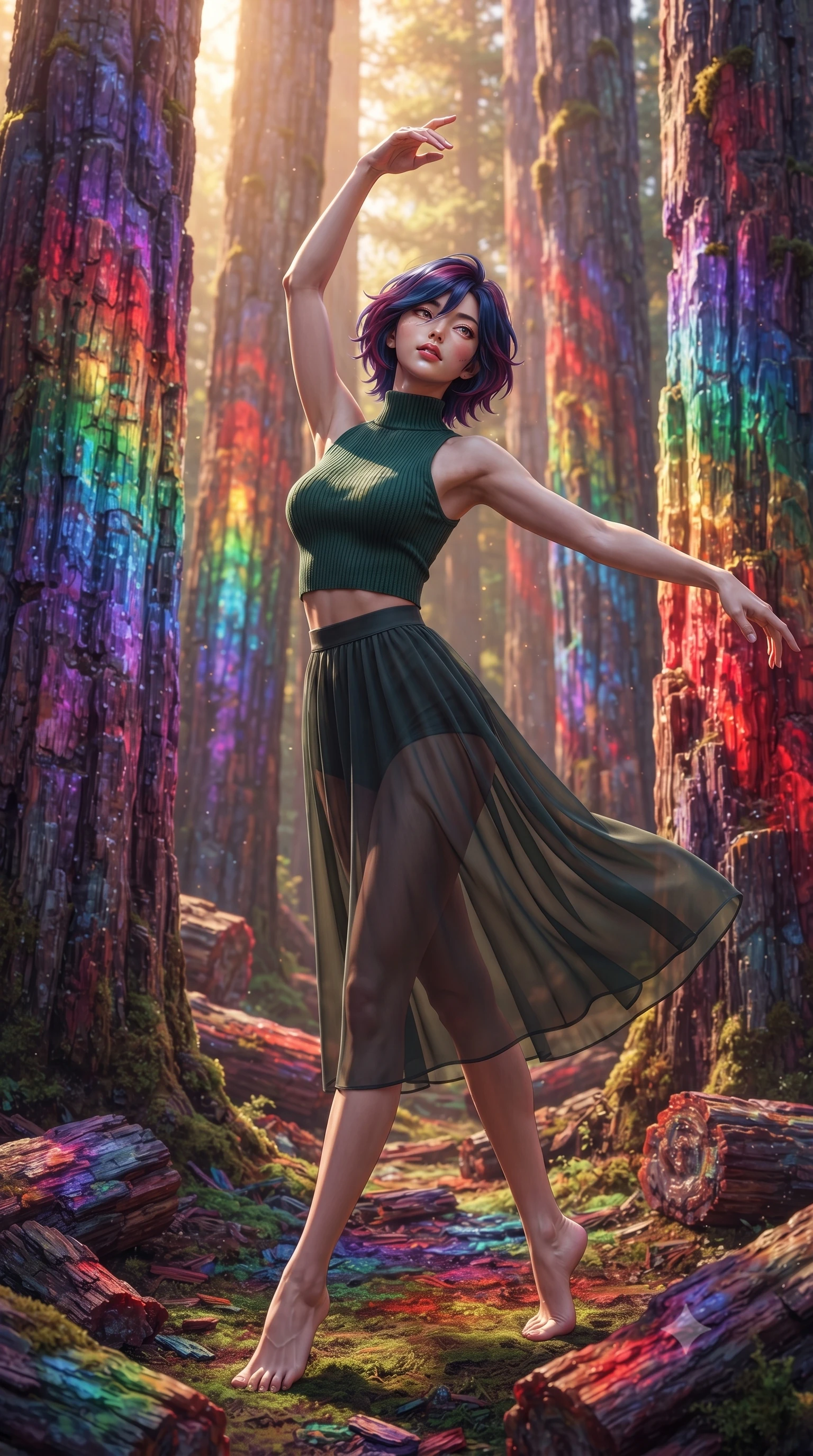 score_9, masterpiece, best quality, ultra-detailed, high-budget anime keyframe, editorial fashion photography, tasteful artistic composition, Korean woman. low angle full-body shot from head to toe showing her feet, filling the entire 9:16 vertical frame with her statuesque presence, stretching her vertical silhouette. twirling with balletic elegance inside walking through a forest of massive petrified trees where millions of years of mineralization have created stunning rainbow bands of color through each trunk ranging from deep purple through all spectrum colors to vivid red. She has a statuesque 8.5-heads proportion, an exceptionally tall, slender and willowy model-like build with impossibly long legs and a highly sculpted ultra-slim waist. sharp v-shaped jawline, high-bridge nose, intricate jewel-like eyes with depth, thick eyelashes, glossy lips with a natural sheen. wearing a high-neck ribbed crop top in forest green, paired with a midi skirt featuring a sheer chiffon overlay revealing her legs. warm afternoon golden sunlight streaming through the mineral trunks which glow with transmitted colored light like natural stained glass in banded rainbow patterns. 2k, ultra detail, master piece, 9:16 ratio