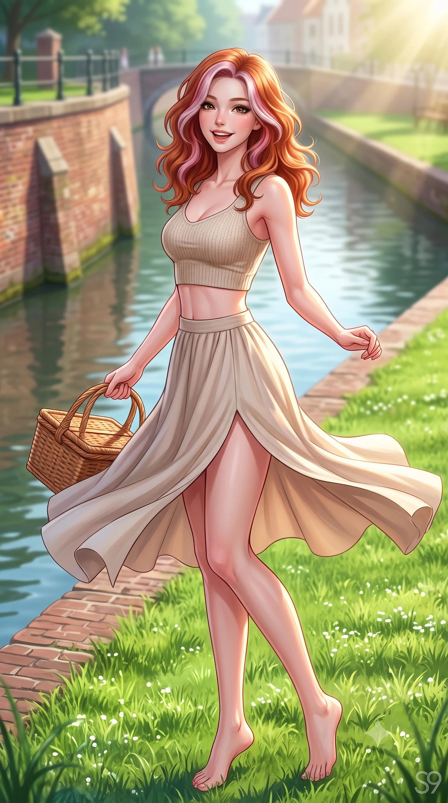 score_9, masterpiece, best quality, ultra-detailed, high-budget anime keyframe, editorial fashion photography, tasteful artistic composition, Caucasian woman. low angle full-body shot from head to toe showing her feet, filling the entire 9:16 vertical frame with her statuesque presence, stretching her vertical silhouette. twirling around with a playful, cute laugh, her skirt billowing beautifully in the air set against a soft-focus background of next to a calm river canal with historic brick walls and green lawns holding a woven picnic basket with a bright, cheerful expression. She has an absolutely perfect, statuesque 8.5-heads proportion, an exceptionally tall and slender model-like female figure with impossibly long slender legs and an ultra-slim waist. sharp v-shaped jawline, high-bridge nose, intricate jewel-like eyes with depth, thick eyelashes, glossy lips with a natural sheen. wearing form-contouring crop top in oatmeal knit paired with a flowy midi skirt featuring a high side slit. bright morning sun rays creating fresh dewdrop reflections on the grass. highly saturated vibrant anime colors, detailed shading with soft gradients, rich glossy textures, high-contrast stereoscopic depth, volumetric dynamic lighting, master piece, 9:16 ratio