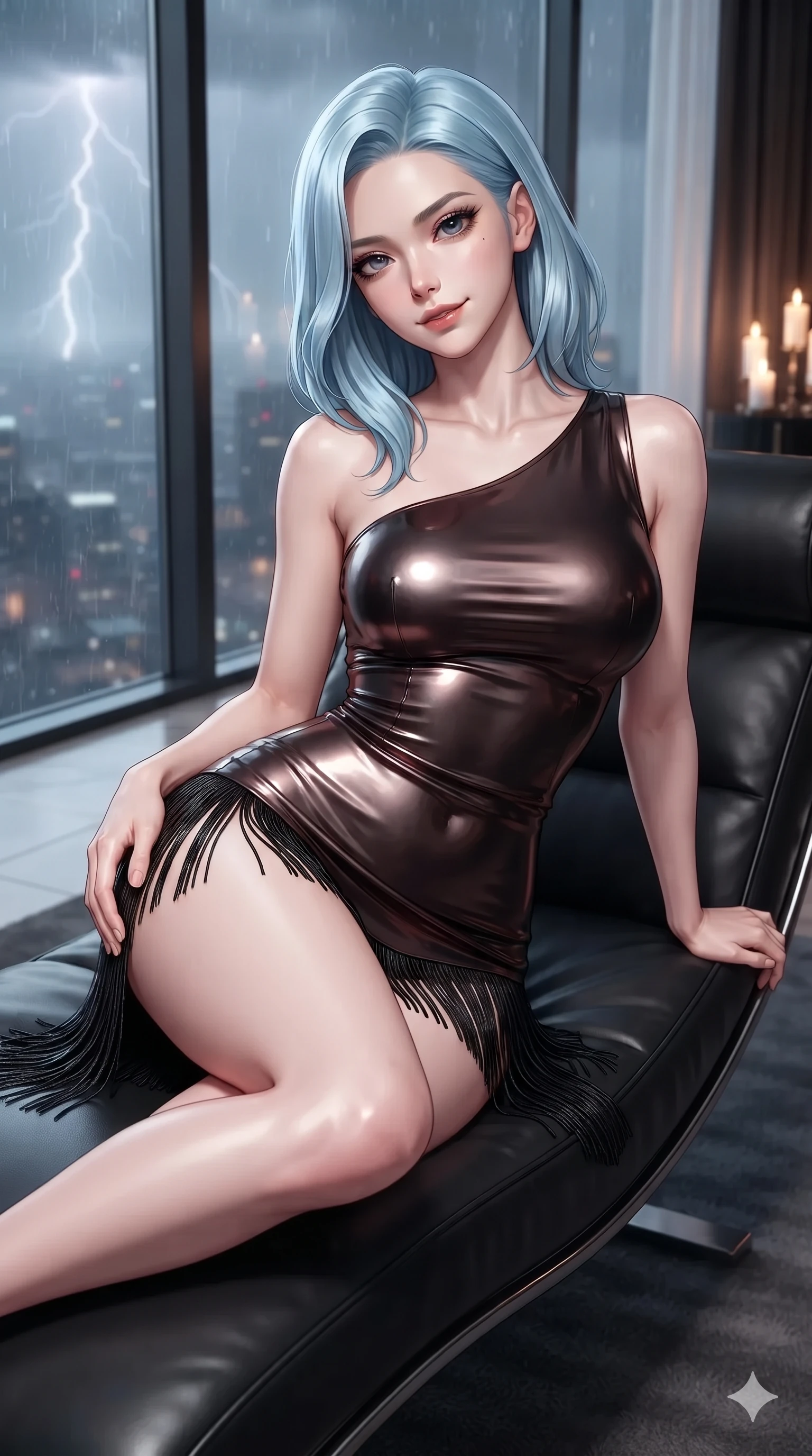 score_9, masterpiece, best quality, ultra-detailed, high-budget anime keyframe, editorial fashion photography, tasteful artistic composition, Korean woman. close-up cowboy shot from the waist and thighs up, the character dominates the composition, filling the frame with her large presence. tilting her head with a teasing half-smile, running one hand slowly down the side of her hip in a flirtatious S-curve while reclining on the sleek curved black leather lounge beside the panoramic window, one knee drawn up to showcase her slender leg line. The background shows a soft-focus high-altitude luxury glass penthouse softened in storm-swept metropolitan shallow focus. She has an exceptionally elegant, slender, and willowy female figure with an ultra-slim waist, flat toned midriff, narrow ribcage, and sculpted feminine hips creating an alluring, slim hourglass silhouette without bulk. sharp v-shaped jawline, high-bridge nose, intricate jewel-like dark sparkling eyes with hypnotic seductive depth, thick curled eyelashes, glossy parted lips with a natural wine sheen, alluring bedroom-eyes with an enigmatic smoldering smile, exuding magnetic sovereign charisma and dark avant-garde glamour, flawlessly proportioned anatomical accuracy, strict slender model proportions, natural body alignment, perfectly sculpted long slender limbs, ultra-slim waistline, clean dynamic posture without body distortion. wearing an asymmetric one-shoulder metallic patent leather mini dress with a dramatic side slit hugging her hips in dark mahogany and brushed gunmetal, made of fluid liquid jersey with seamless sculpting hold and smooth contours, finished with delicate jet-black micro-fringe fluttering softly along her hips with each step, the form-fitting cut adhering flawlessly to her sculpted flat midriff and slender torso, emphasizing her long leg lines and perfectly proportioned willowy build. bathed in the dramatic flash of distant lightning contrasting with warm ambient cocktail candlelight. ultra-reflective glossy finish, specular highlights, metallic sheen, high-contrast stereoscopic depth, volumetric dynamic lighting, 2k, ultra detail, master piece, 9:16 ratio