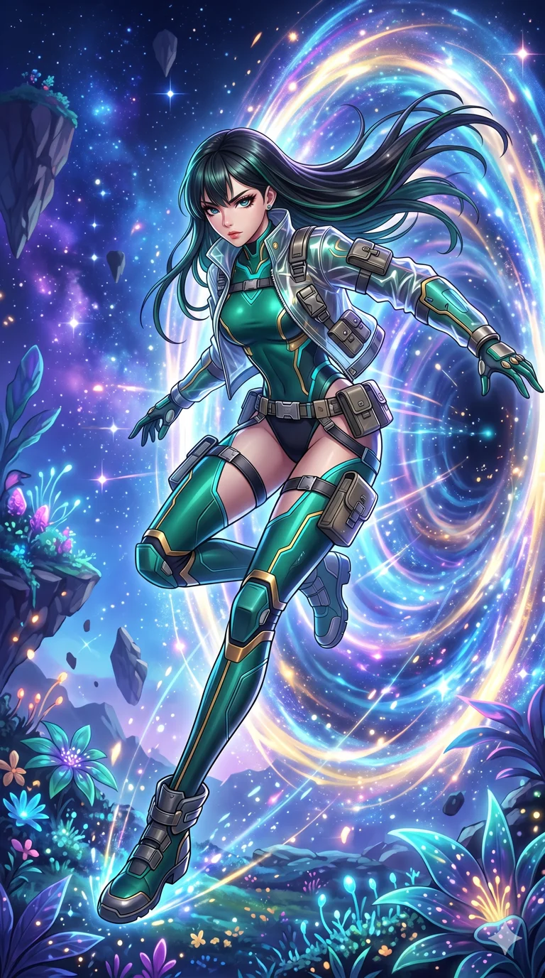 score_9, masterpiece, best quality, ultra-detailed, High-budget Anime Keyframe, beautiful Korean anime girl. Low angle cowboy shot filling the entire 9:16 frame with her overwhelming presence. Leaping through a portal of swirling light and color into a celestial garden. She has an absolutely perfect 8-heads proportion, an exceptionally tall and slender female figure with impossibly long slender legs and an ultra-slim waist. Sharp v-shaped jawline, high-bridge nose, intricate jewel-like eyes with depth, thick eyelashes, glossy lips with a natural sheen. Wearing a Tech-Fantasy outfit: emerald cybernetic tech-suit with glowing seams, translucent PVC over leotard, modular tactical gear. Background is a bright and colorful environment with cinematic lighting, dynamic particle effects, and high-contrast shadows. 2k, ultra detail, master piece, 9:16 ratio