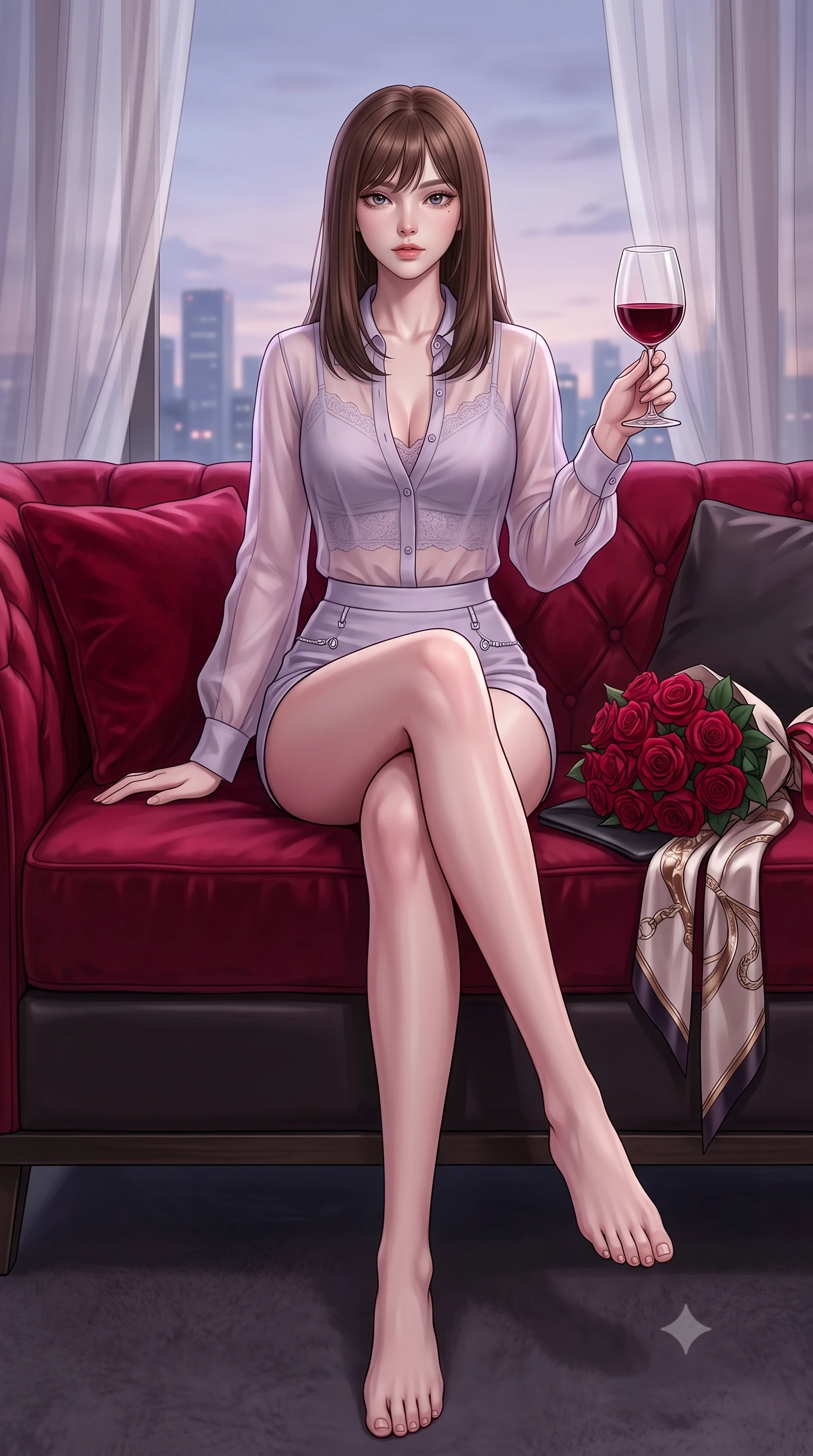 score_9, masterpiece, best quality, ultra-detailed, high-budget anime keyframe, editorial fashion photography, tasteful artistic composition, Korean woman. low angle full-body shot from head to toe showing her feet, filling the entire 9:16 vertical frame with her statuesque presence, stretching her vertical silhouette. sitting on a plush velvet sofa with her long slender legs crossed elegantly, gesturing cutely with a wine glass set against a soft-focus background of inside an exclusive penthouse suite with a bouquet of crimson roses and a silk scarf resting on the leather seat. She has an absolutely perfect, statuesque 8.5-heads proportion, an exceptionally tall and slender model-like female figure with impossibly long slender legs and an ultra-slim waist. sharp v-shaped jawline, high-bridge nose, intricate jewel-like eyes with depth, thick eyelashes, glossy lips with a natural sheen. wearing slim-fit pale lavender matte silk sheer organza button-up shirt worn over a lace-accented crop top and high-cut mini shorts accented with delicate silver hardware. softened by diffused twilight glow filtering through sheer chiffon window curtains. highly saturated vibrant anime colors, detailed shading with soft gradients, rich glossy textures, high-contrast stereoscopic depth, volumetric dynamic lighting, master piece, 9:16 ratio