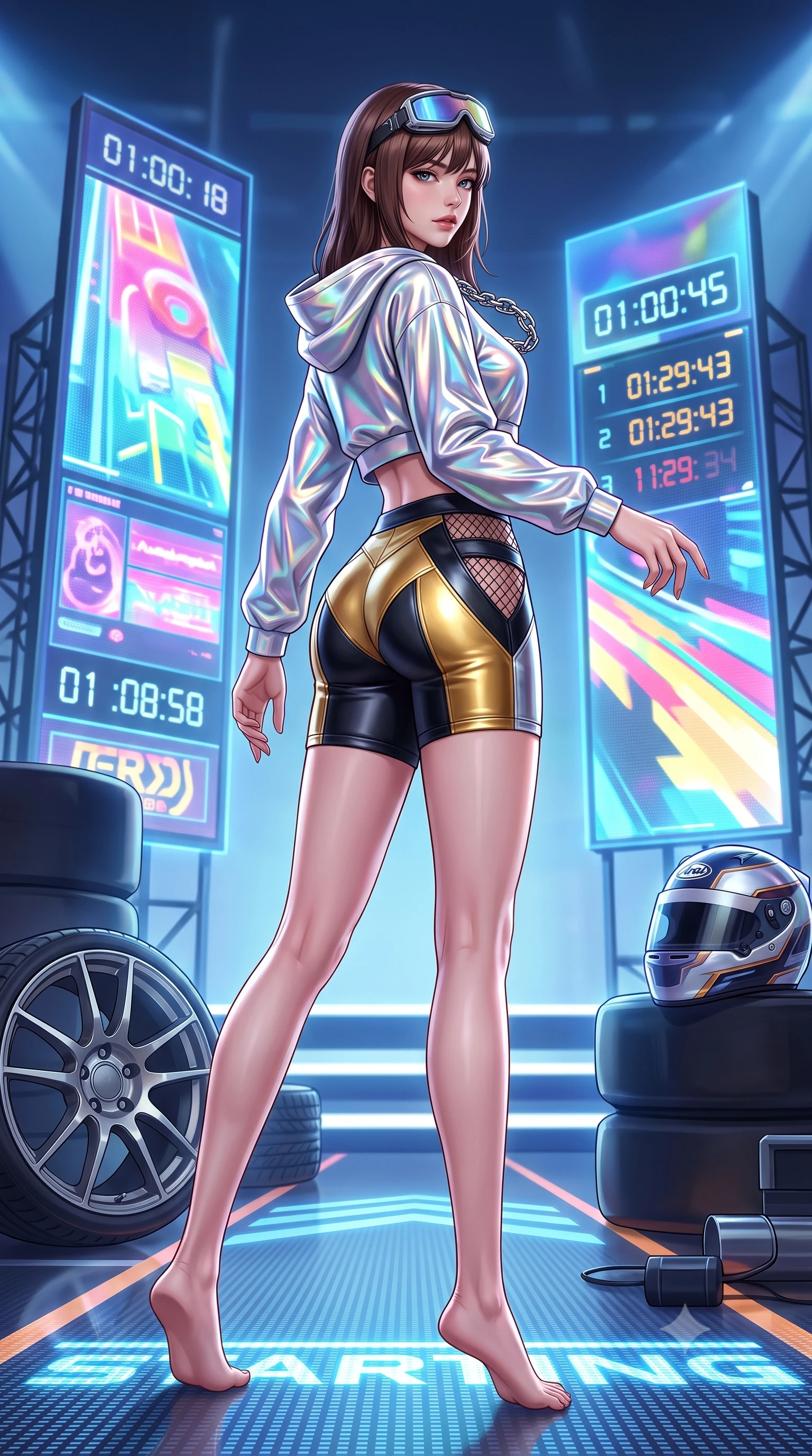 score_9, masterpiece, best quality, ultra-detailed, high-budget anime keyframe, semi-realistic 3D game render, editorial fashion photography, tasteful artistic composition, Korean woman. low angle full-body shot from head to toe showing her feet, filling the entire 9:16 vertical frame with her statuesque presence, stretching her vertical silhouette. executing an elegant mid-motion turn as garments swirl around her slender limbs, glancing over her shoulder with smoldering allure while posing boldly at the center of the illuminated starting grid as giant holographic jumbotrons flash behind her. The surrounding environment is rendered in vivid detail and crisp panoramic clarity. detailed holographic timing displays, alloy wheel spokes, and high-tech racing helmet in high clarity. She has an absolutely perfect, statuesque 8.5-heads proportion, an exceptionally tall and slender model-like female figure with impossibly long slender legs, a toned flat midriff, and an ultra-slim waist. sharp v-shaped jawline, high-bridge nose, intricate jewel-like eyes with depth, thick eyelashes, glossy parted lips with a natural sheen, intensely captivating and seductive expression, flawlessly proportioned anatomical accuracy, strict slender model proportions, natural body alignment, perfectly sculpted long slender limbs, ultra-slim waistline, clean dynamic posture without body distortion. wearing a holographic silver crop hoodie paired with high-waisted racing shorts and fishnet accents in metallic liquid gold and obsidian black, tailored from supple second-skin lambskin leather adhering to her curves, accessorized with a chunky chrome chain necklace and cyber-visor goggles on her brow, the precision-cut daring openings accentuating her delicate midriff, graceful bare collarbones, and ultra-slim feminine waistline. illuminated by crisp directional rim lighting sharply defining her razor-sharp jawline and feminine curves. highly saturated vibrant anime colors, detailed shading with soft gradients, rich glossy textures, high-contrast stereoscopic depth, volumetric dynamic lighting, master piece, 9:16 ratio