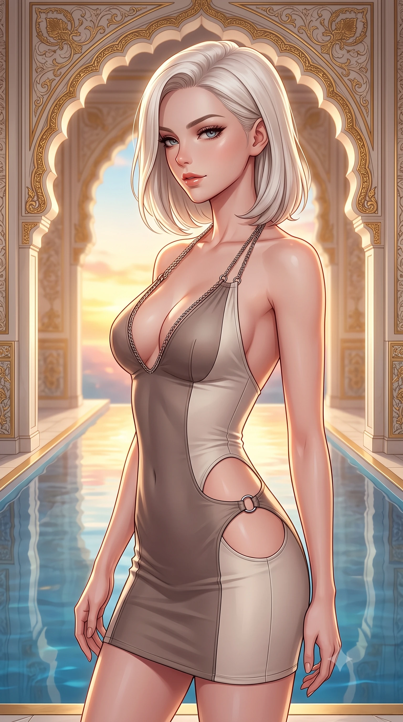 score_9, masterpiece, best quality, ultra-detailed, high-budget anime keyframe, editorial fashion photography, tasteful artistic composition, Caucasian woman. close-up cowboy shot from the waist and thighs up, the character dominates the composition, filling the frame with her large presence, background elements kept in soft focus. Glancing sidelong over her shoulder with a smoldering half-smile and heavy lashes poised beside an infinity reflecting pool mirroring a warm sunset sky, opulent gold-leaf trim and carved ivory archways framed beautifully. She has an exceptionally elegant, slender, and willowy female figure with an ultra-slim waist, a gracefully sculpted slender torso, and a refined silhouette. sharp v-shaped jawline, high-bridge nose, intricate jewel-like eyes with depth, thick eyelashes, glossy lips with a natural sheen. wearing a deep-scoop halter bodycon dress with hip cutouts connected by silver rings in muted taupe and soft ivory, formed from sleek second-skin neoprene, adorned with delicate metallic chain straps along the neckline, the sleek second-skin texture accentuating her magnetic presence. surrounded by a bright, luxurious aura of warm sunshine and sky reflections. highly saturated vibrant anime colors, detailed shading with soft gradients, rich glossy textures, high-contrast stereoscopic depth, volumetric dynamic lighting, master piece, 9:16 ratio
