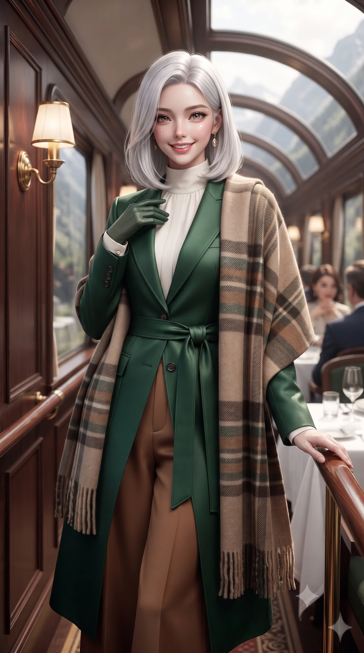 score_9, masterpiece, best quality, ultra-detailed, high-budget anime keyframe, editorial fashion photography, tasteful artistic composition, Korean woman. close-up cowboy shot from the waist and thighs up, the character dominates the composition, filling the frame with her large presence. resting one hand gracefully on her tailored blazer lapel while looking into the camera with bright, sparkling eyes while standing in the panoramic train corridor with one hand resting on the polished mahogany handrail, turning with glamorous travel-editorial poise. The background shows a soft-focus polished train car interior brass sconces and white linen table settings softened in vintage luxury rail romance shallow focus. She has an exceptionally elegant, slender, and willowy female figure with an ultra-slim waist, flat toned midriff, narrow ribcage, and sculpted feminine hips creating an alluring, slim hourglass silhouette without bulk. sharp v-shaped jawline, high-bridge nose, intricate jewel-like sparkling eyes with depth, thick eyelashes, glossy parted lips with a natural peach sheen, bright cheerful beaming smile with an enchanting and coquettish sensual glint, exuding both youthful cute charm and seductive allure, flawlessly proportioned anatomical accuracy, strict slender model proportions, natural body alignment, perfectly sculpted long slender limbs, ultra-slim waistline, clean dynamic posture without body distortion. wearing a modern tailored silk-blend robe coat with minimalist sash belt layered over a high-neck blouse and wide culottes in heritage British racing green and warm cognac brown, made of crisp Egyptian cotton poplin with pristine tailored pressing, accented with a wide brushed cashmere fringe scarf draped elegantly over one shoulder, the sharp shoulder tailoring and gently nipped waist framing her slender torso with pristine sartorial perfection. bathed in dynamic shifting daylight filtering through curved glass roof panels as the train glides through alpine mountain passes. ultra-reflective glossy finish, specular highlights, rich textural contrasts, high-contrast stereoscopic depth, volumetric dynamic lighting, 2k, ultra detail, master piece, 9:16 ratio