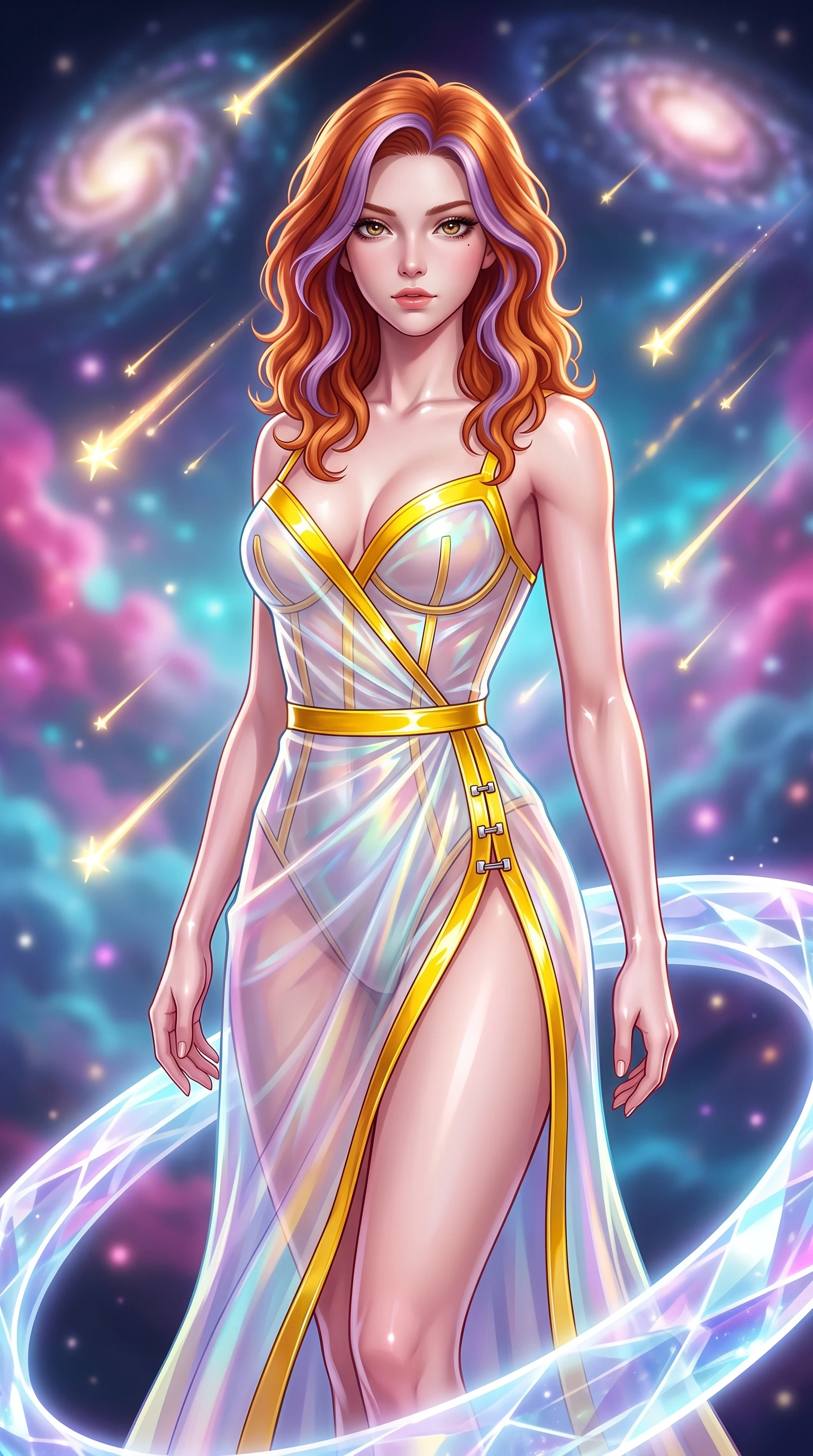 score_9, masterpiece, best quality, ultra-detailed, high-budget anime keyframe, semi-realistic 3D game render, editorial fashion photography, tasteful artistic composition, Caucasian woman. close-up cowboy shot from the waist and thighs up, the character dominates the composition, filling the frame with her large presence. gazing directly into the lens with bedroom eyes and a breathtaking, dangerous allure that commands the entire composition while pivoting dynamically on a crystalline observation ring as a shower of glowing golden shooting stars streaks behind her. The composition keeps background elements in soft focus with creamy bokeh. swirling spiral galaxies and glowing nebula gas clouds blurred into dreamy magenta, cyan, and violet bokeh. She has an exceptionally elegant, slender, and willowy female figure with an ultra-slim waist, a gracefully sculpted slender torso, toned flat midriff, and a refined slim silhouette. sharp v-shaped jawline, high-bridge nose, intricate jewel-like eyes with depth, thick eyelashes, glossy lips with a natural sheen, flawlessly proportioned anatomical accuracy, strict slender model proportions, natural body alignment, perfectly sculpted long slender limbs, ultra-slim waistline, clean dynamic posture without body distortion. wearing a translucent iridescent organza wrap dress with structured bustier boning, plunging neckline, and high-cut dual leg slits in vibrant sunburst canary yellow and gold trim, formed from high-gloss patent material with specular light reflections, finished with an ultra-high side slit secured by miniature magnetic clasps, the form-contouring material adhering flawlessly to her sculpted flat midriff and slender torso, emphasizing her long leg lines and perfectly proportioned willowy build. illuminated by crisp diamond-specular highlights tracing her sculpted collarbones, waist, and slender limbs. highly saturated vibrant anime colors, detailed shading with soft gradients, rich glossy textures, high-contrast stereoscopic depth, volumetric dynamic lighting, master piece, 9:16 ratio