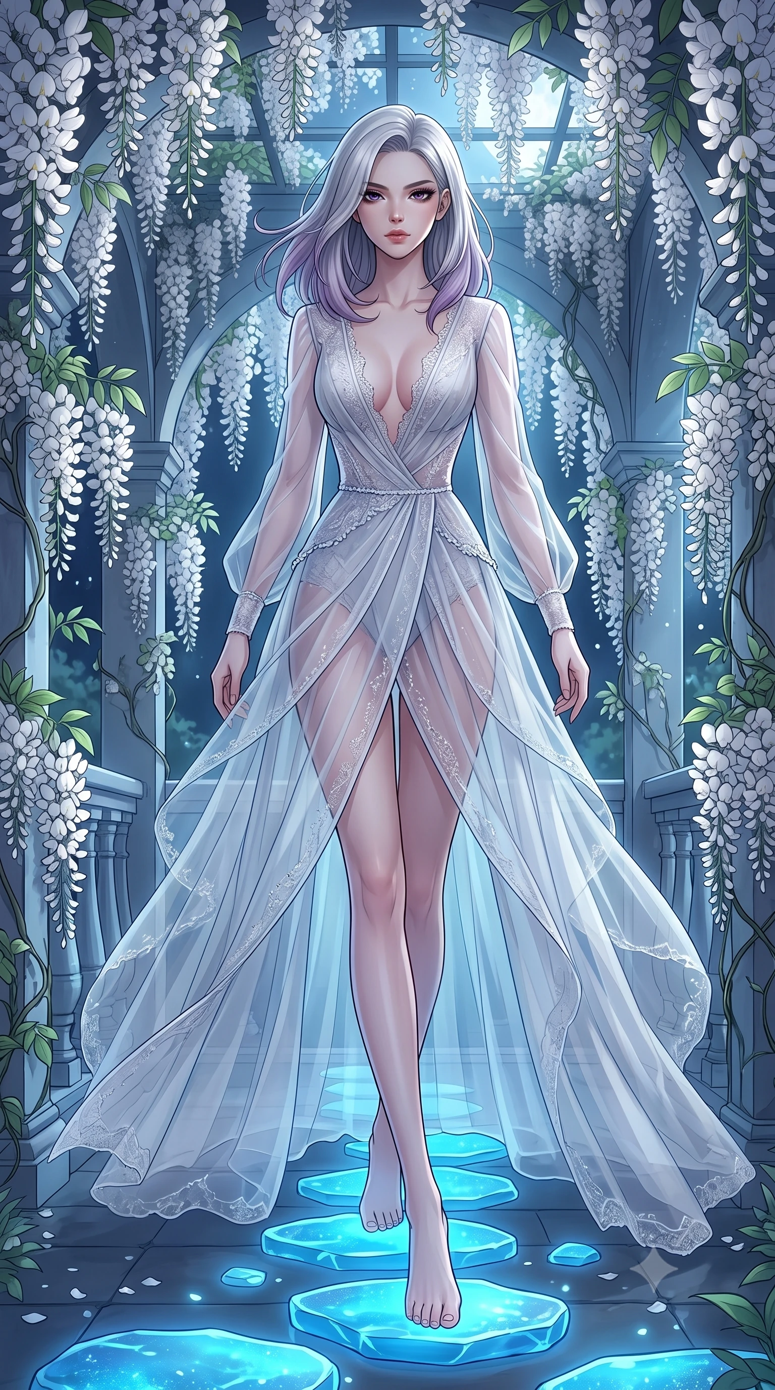 score_9, masterpiece, best quality, ultra-detailed, High-budget Anime Keyframe, Caucasian woman, strictly human ears. Dynamic full-body shot stretching the vertical silhouette to the limit. Scenario 351: stepping across glowing azure stones in a quiet balcony surrounded by trailing white wisteria flowers. Her presence is magnetic and overpowering in this high-budget anime scene. Outfit 351: a tailored sheer organza second with a plunging V-neckline and translucent layers. The clothing is designed to emphasize her exceptionally tall and slender 8-heads proportion. 8-heads proportion, towering silhouette, ultra-slim waist. sharp v-shaped jawline, intricate jewel-like eyes with depth, thick eyelashes, glossy lips. 2k, ultra detail, master piece, 9:16 ratio