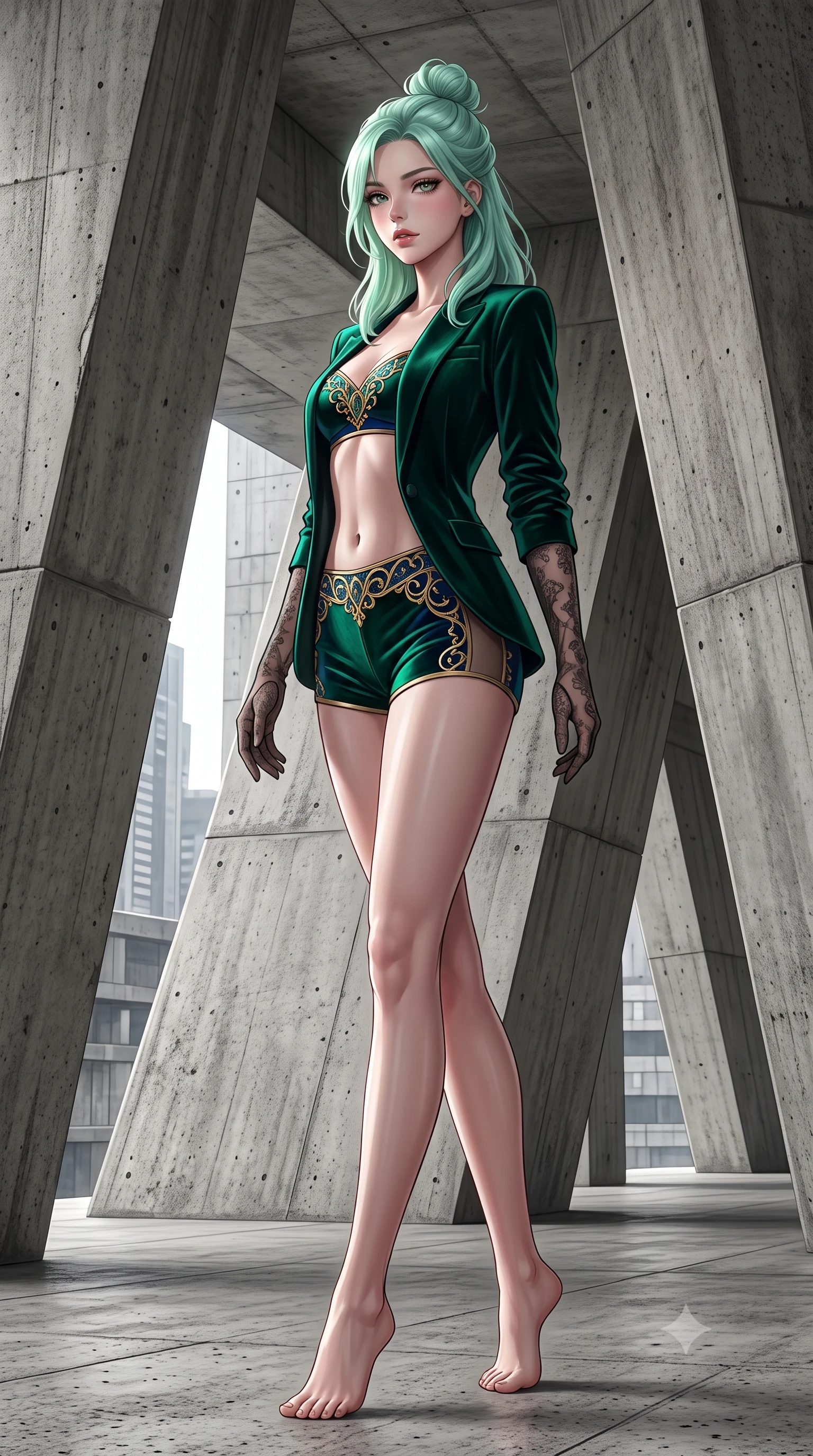 score_9, masterpiece, best quality, ultra-detailed, high-budget anime keyframe, semi-realistic 3D game render, editorial fashion photography, tasteful artistic composition, Japanese woman. low angle full-body shot from head to toe showing her feet, filling the entire 9:16 vertical frame with her statuesque presence, stretching her vertical silhouette. executing a slow, graceful pivot turn as her skirt sways around her slender legs, glancing back with an enchanting, teasing sensual expression while standing between massive angled raw concrete pillars, arching her lower back with dramatic high-fashion contrast against the stone. The surrounding environment is rendered in vivid detail and crisp panoramic clarity: detailed second-skin stretch knit cling, glossy lip sheen, and sculptural brutalist architecture in razor-sharp precision. She has an absolutely perfect, statuesque 8.5-heads proportion, an exceptionally tall and slender model-like female figure with impossibly long slender legs, an ultra-slim waist, a flat toned midriff, narrow delicate ribcage, and beautifully sculpted feminine hips creating a graceful, slim hourglass silhouette without any bulky heaviness. sharp v-shaped jawline, high-bridge nose, sparkling eyes with hypnotic seductive depth, thick curled eyelashes, glossy parted lips with a natural dewy peach sheen, alluring bedroom-eyes with an enchanting coquettish smile, exuding magnetic siren charisma and sophisticated glamour, flawlessly proportioned anatomical accuracy, strict slender model proportions, natural body alignment, perfectly sculpted long slender limbs, ultra-slim waistline, clean dynamic posture without body distortion. wearing a tailored open-front minimal smoking blazer worn over a jewel-embellished bandeau and micro-shorts in deep emerald velvet and dark sapphire with gold filigree, made of semi-opaque stretch illusion mesh with soft shadowy contours, complemented by sheer opera-length lace evening gloves tracing her slender arms, the liquid-tight tailored fabric clinging flawlessly to her narrow waist and rounded feminine hips, emphasizing every millimeter of her sculpted slim hourglass curves without any bulky heaviness. illuminated by concrete bounce fill and sharp platinum-white rim lights sculpting her jawline, flat midriff, and curvaceous hips. highly saturated vibrant anime colors, detailed shading with soft gradients, rich glossy textures, high-contrast stereoscopic depth, volumetric dynamic lighting, master piece, 9:16 ratio