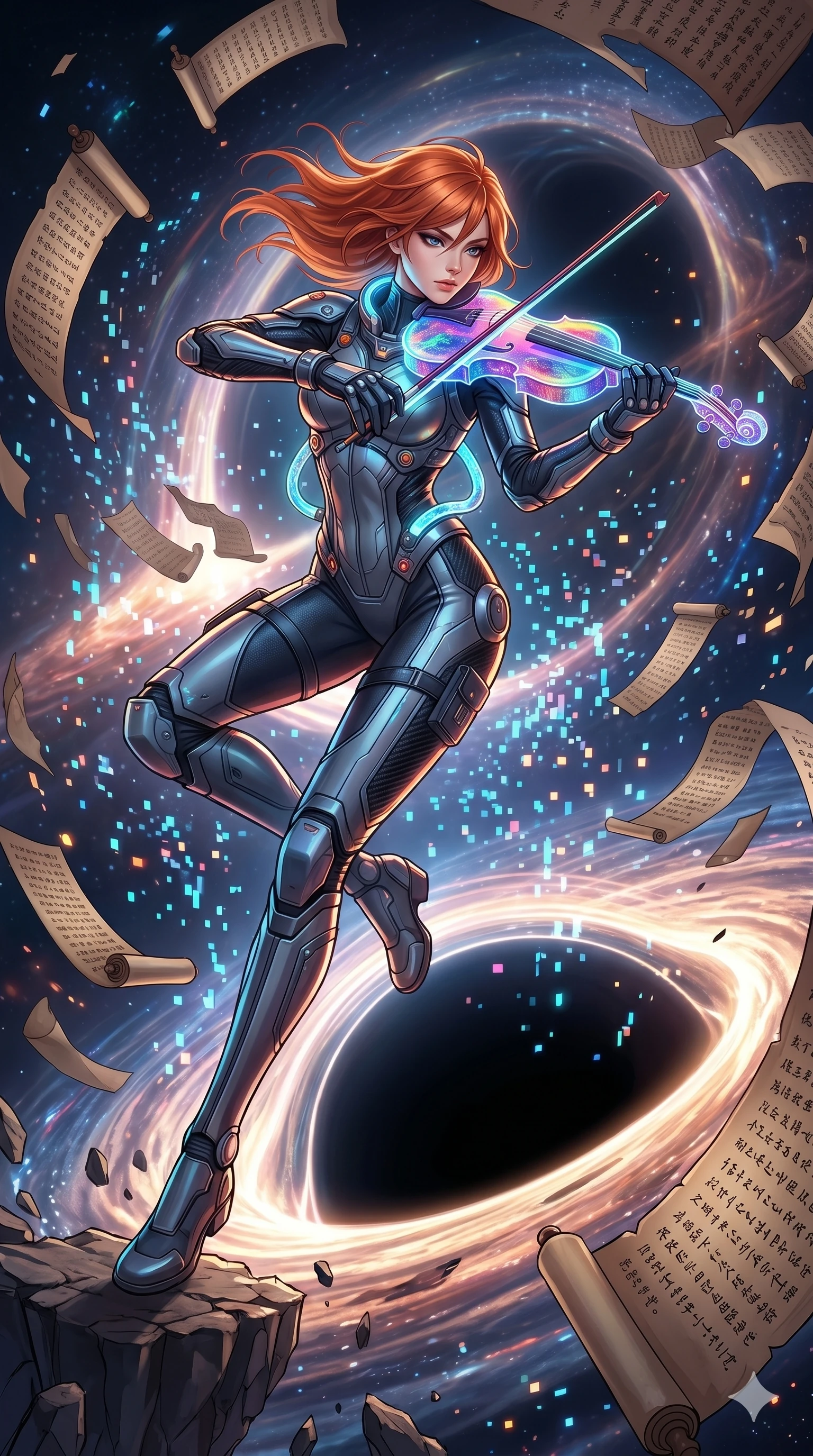 score_9, masterpiece, best quality, ultra-detailed, Set A: High-budget Anime Keyframe, Korean woman. Low angle cowboy shot filling the entire 9:16 frame with her statuesque presence. Theme: Historical Remix. playing a holographic violin in the edge of a black hole, surrounded by a whirlwind of 223 floating ancient scrolls. The atmosphere is filled with a blizzard of digital pixels. She has an absolutely perfect 8-heads proportion, an exceptionally tall and slender female figure with impossibly long slender legs and an ultra-slim waist. Sharp v-shaped jawline, high-bridge nose, intricate jewel-like eyes with depth, glossy lips. Wearing Interstellar pilot suit with glowing oxygen-tubes and a sleek carbon-fiber frame. Cinematic lighting, vivid colors, dramatic shadows, 2k, ultra detail, master piece, 9:16 ratio
