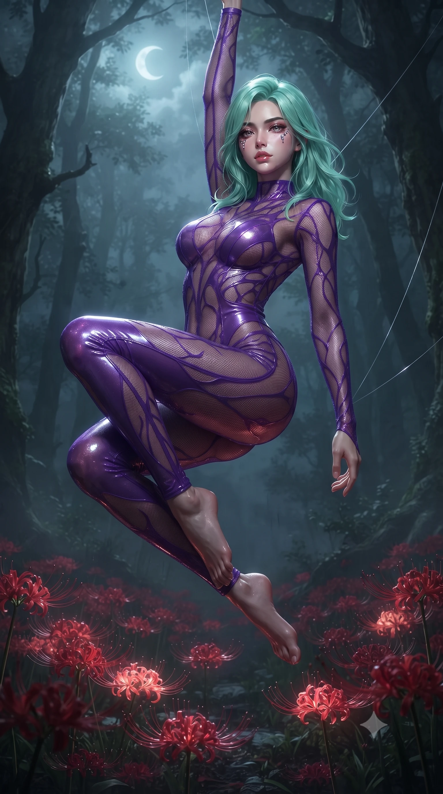 score_9, masterpiece, best quality, ultra-detailed, High-budget Anime Keyframe, editorial fashion photography, tasteful artistic composition, realistic cosplay photography, East Asian woman. Low angle cowboy shot filling the entire 9:16 frame with her statuesque presence. Scenario 508: suspended by invisible silk threads inside a misty dark forest under a crescent moon with red spider lilies blooming. Her presence is magnetic and overpowering in this high-budget cinematic scene. Outfit 508: a slim-fit neon violet micro-mesh lace catsuit with sheer sleeves and opaque panels. The clothing is designed to emphasize her exceptionally tall and slender 8-heads proportion. 8-heads proportion, towering silhouette, ultra-slim waist. sharp v-shaped jawline, intricate jewel-like eyes with depth, thick eyelashes, glossy lips. ultra-reflective glossy finish, specular highlights, metallic sheen, high-contrast stereoscopic depth, volumetric dynamic lighting, 2k, ultra detail, master piece, 9:16 ratio