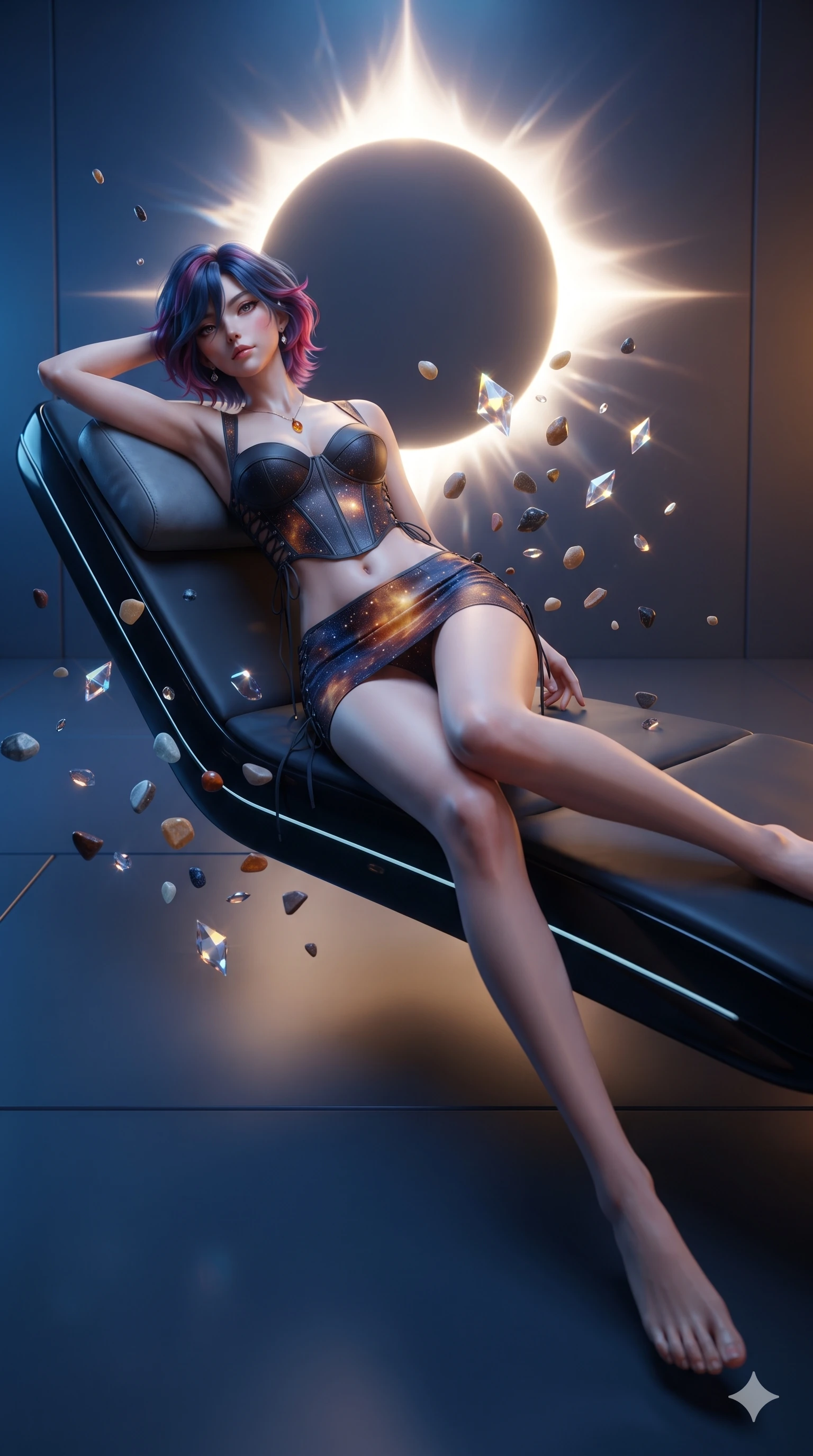 score_9, masterpiece, best quality, ultra-detailed, high-budget anime keyframe, editorial fashion photography, tasteful artistic composition, Korean woman. low angle full-body shot from head to toe showing her feet, filling the entire 9:16 vertical frame with her statuesque presence, stretching her vertical silhouette. reclining gracefully across the anti-gravity daybed with one leg extended, her sculpted silhouette and flat midriff radiating magnetic futuristic glamour while twisting her slender torso in an alluring S-curve between floating stone fragments, diamond eclipse corona light tracing her flat midriff and hourglass curves. The surrounding environment is rendered in vivid detail and crisp panoramic clarity: sharp levitating stone facet edges, blinding specular glints along shard corners, and crisp eclipse corona ring details in deep focus. She has an absolutely perfect, statuesque 8.5-heads proportion, an exceptionally tall and slender model-like female figure with impossibly long slender legs, an ultra-slim waist, a flat toned midriff, narrow delicate ribcage, and beautifully sculpted feminine hips creating a graceful, slim hourglass silhouette without any bulky heaviness. sharp v-shaped jawline, high-bridge nose, intricate jewel-like sparkling eyes with depth, thick eyelashes, glossy parted lips with a natural sheen, bright confident smile with an enchanting and coquettish sensual glint, exuding both youthful magnetic charm and sovereign high-tech allure, flawlessly proportioned anatomical accuracy, strict slender model proportions, natural body alignment, perfectly sculpted long slender limbs, ultra-slim waistline, clean dynamic posture without body distortion. wearing a sculpted matte carbon underwire crop bustier with lace-up side ties paired with a low-rise micro skirt in cosmic eclipse amber and starlight diamond, formed from supple thermal silicone composite adhering seamlessly like a second skin, accented with strategically placed chrome armor plate guards covering key curves, the form-contouring cut accentuating her sculpted flat midriff, narrow delicate ribcage, and gracefully curvy hips with cybernetic supermodel precision. bathed in the dramatic high-contrast diamond corona brilliance of the twin solar eclipse casting sharp dramatic shadows. ultra-reflective glossy finish, specular highlights, rich textural contrasts, high-contrast stereoscopic depth, volumetric dynamic lighting, 2k, ultra detail, master piece, 9:16 ratio