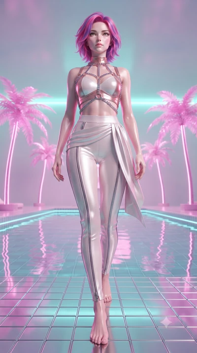 score_9, masterpiece, best quality, ultra-detailed, high-budget anime keyframe, editorial fashion photography, tasteful artistic composition, Caucasian woman. low angle full-body shot from head to toe showing her feet, filling the entire 9:16 vertica