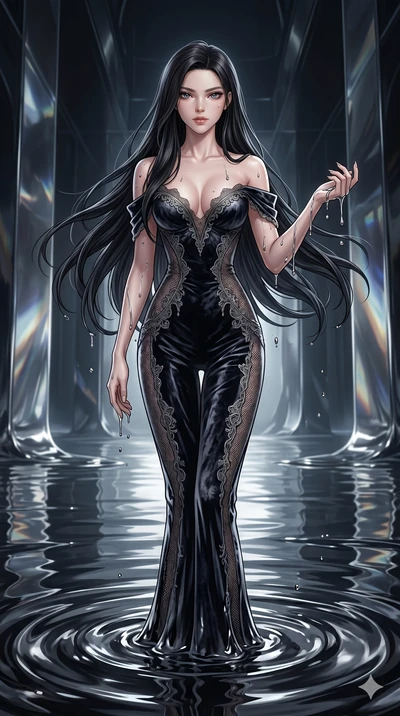 score_9, masterpiece, best quality, ultra-detailed, High-budget Anime Keyframe, East Asian woman. Dynamic full-body shot stretching the vertical silhouette to the limit. Scenario 84: Rising from a pool of mercury-like liquid, droplets rolling off her