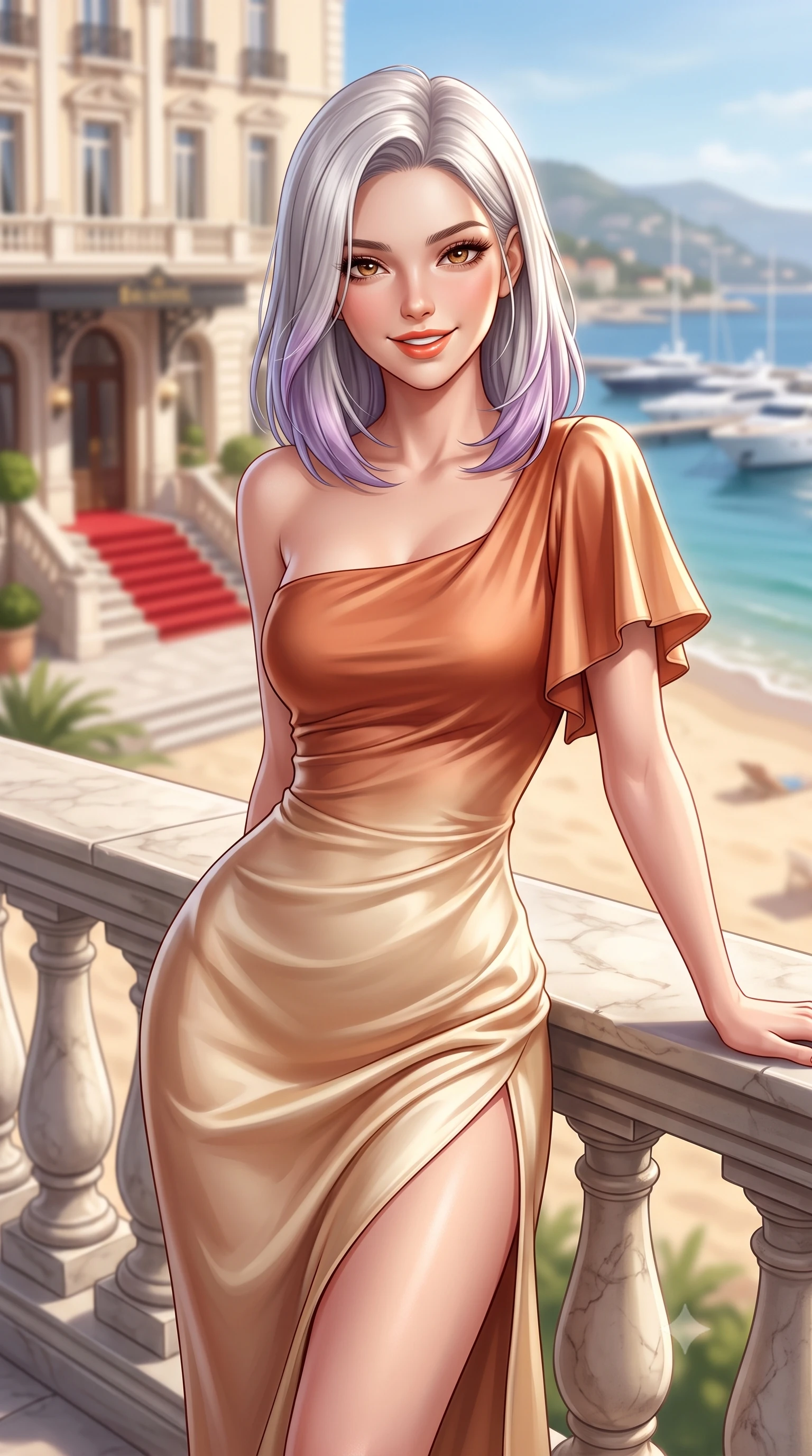 score_9, masterpiece, best quality, ultra-detailed, high-budget anime keyframe, semi-realistic 3D game render, editorial fashion photography, tasteful artistic composition, Caucasian woman. close-up cowboy shot from the waist and thighs up, the character dominates the composition, filling the frame with her large presence. leaning forward with playful sun-kissed grace while arching her lower back to accentuate her curvy hips, looking into the camera with a radiant teasing smile and alluring bedroom-eyes while leaning against the classical stone balustrade with hips cocked back, casting an alluring bedroom-gaze over the sandy beach and anchored yachts. The composition keeps background elements in soft focus with dreamy creamy bokeh. the grand belle-époque palace hotel facade and red carpet entrance softened in prestigious Riviera shallow focus. She has an exceptionally elegant, slender, and willowy female figure with an ultra-slim waist, flat toned midriff, narrow ribcage, and sculpted feminine hips creating an alluring, slim hourglass silhouette without bulk. sharp v-shaped jawline, high-bridge nose, sparkling amber-hazel eyes with depth, long lush eyelashes, glossy sun-kissed lips with a warm coral glaze, radiant teasing smile with sensual sunlit bedroom-eyes, exuding effortless old-money elegance and intoxicating sun-drenched allure, flawlessly proportioned anatomical accuracy, strict slender model proportions, natural body alignment, perfectly sculpted long slender limbs, ultra-slim waistline, clean dynamic posture without body distortion. wearing an asymmetrical one-shoulder terracotta silk slip dress featuring a high side hip slit and fluid drape in warm champagne ivory and sun-kissed golden sand, made of smooth fluid silk satin with a delicate pearlescent golden sheen, featuring elegant flutter sleeves and a graceful square neckline, the form-contouring cut accentuating her sculpted flat midriff, narrow delicate ribcage, and gracefully curvy hips with sun-drenched supermodel elegance. illuminated by grand marble terrace bounce and sharp platinum rim lights sculpting her razor-sharp jawline, narrow waist, and curvy hips. highly saturated vibrant anime colors, detailed shading with soft gradients, rich glossy textures, high-contrast stereoscopic depth, volumetric dynamic lighting, master piece, 9:16 ratio