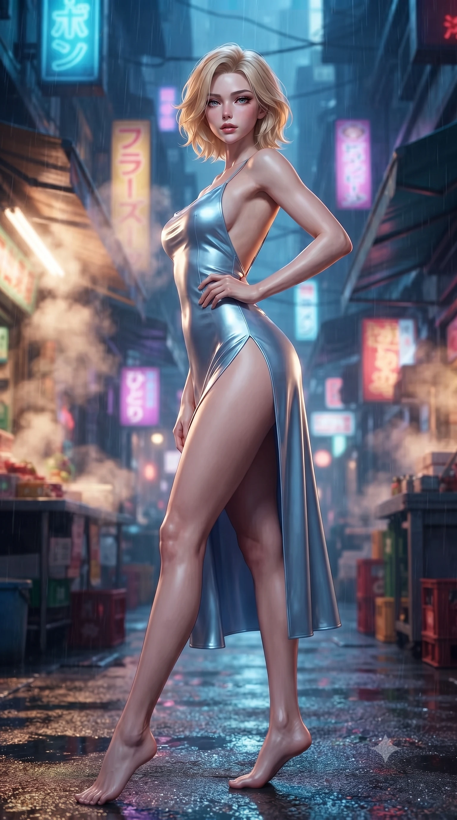 score_9, masterpiece, best quality, ultra-detailed, high-budget anime keyframe, editorial fashion photography, tasteful artistic composition, Caucasian woman. low angle full-body shot from head to toe showing her feet, filling the entire 9:16 vertical frame with her statuesque presence, stretching her vertical silhouette. posing confidently with one hand on her hip, stretching her statuesque body to emphasize her curves the background shows a soft-focus a rain-drenched cybernetic street market with glowing stall signs and steamy vents. She has an absolutely perfect, statuesque 8.5-heads proportion, an exceptionally tall and slender model-like female figure with impossibly long slender legs and an ultra-slim waist. sharp v-shaped jawline, high-bridge nose, intricate jewel-like eyes with depth, thick eyelashes, glossy lips with a natural sheen. wearing a slim-fit lightweight silk slip dress in baby blue with a high side slit and a low-cut back. dappled warm steam glow contrasting with deep blue shadow lighting. ultra-reflective glossy finish, specular highlights, metallic sheen, high-contrast stereoscopic depth, volumetric dynamic lighting, 2k, ultra detail, master piece, 9:16 ratio
