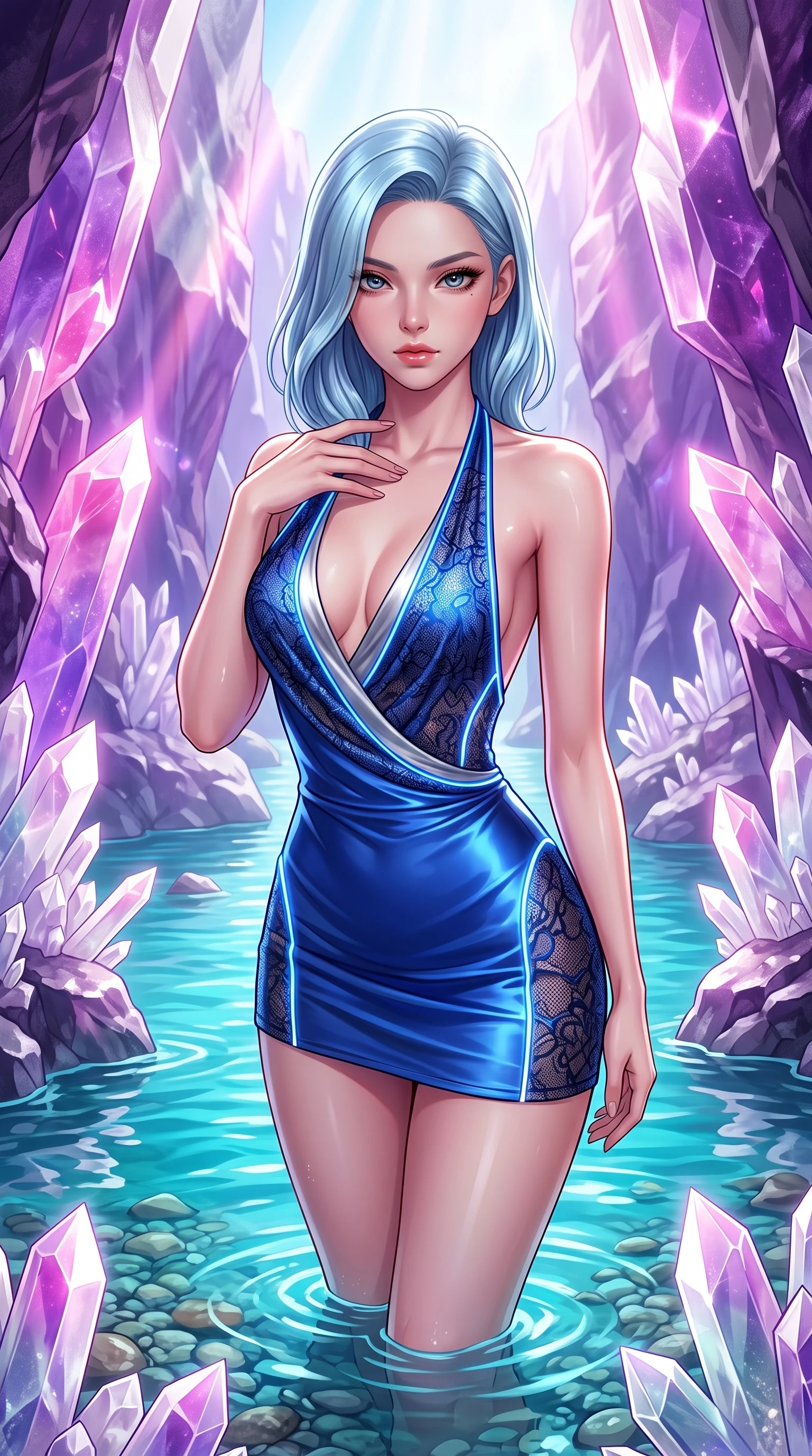 score_9, masterpiece, best quality, ultra-detailed, high-budget anime keyframe, semi-realistic 3D game render, editorial fashion photography, tasteful artistic composition, Korean woman. close-up cowboy shot from the waist and thighs up, the character dominates the composition, filling the frame with her large presence. leaning forward with a dangerous, enticing smolder, resting one hand near her collarbone while casting a fiery, magnetic direct gaze while standing waist-deep in pure turquoise river water framed by towering amethyst and white quartz crystal canyon walls. The surrounding environment is rendered in vivid detail and crisp panoramic clarity. razor-sharp quartz crystal facet geometries, clear mountain stream ripples, and riverbed pebbles in deep focus. She has an exceptionally elegant, slender, and willowy female figure with an ultra-slim waist, a gracefully sculpted slender torso, toned flat midriff, and a refined slim silhouette. sharp v-shaped jawline, high-bridge nose, intricate jewel-like eyes with depth, thick eyelashes, glossy lips with a natural sheen, flawlessly proportioned anatomical accuracy, strict slender model proportions, natural body alignment, perfectly sculpted long slender limbs, ultra-slim waistline, clean dynamic posture without body distortion. wearing a form-contouring liquid satin halter-neck mini dress with a deep crossover cowl front, open back, and ultra-slender waist drape in liquid electric cobalt blue and polished silver, crafted from delicate dark lace interwoven with luminescent micro-fibers, accented with glowing fiber-optic seams tracing her collarbones and hip curves, the glove-like aerodynamic second-skin fit tightly clinging to her ultra-slender waist and athletic curves without adding bulk, accentuating her razor-sharp statuesque lines and slim hourglass silhouette. bathed in bright midday sunbeams penetrating canyon depths with glowing pink and violet crystal refractions. highly saturated vibrant anime colors, detailed shading with soft gradients, rich glossy textures, high-contrast stereoscopic depth, volumetric dynamic lighting, master piece, 9:16 ratio