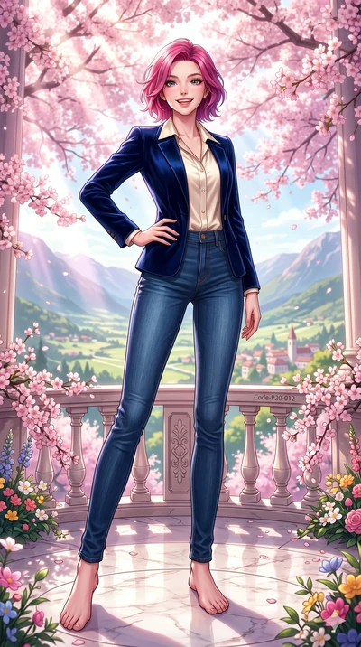 score_9, masterpiece, best quality, ultra-detailed, high-budget anime keyframe, vibrant anime aesthetic, Caucasian woman, strictly human ears. low angle full-body shot from head to toe showing her feet, filling the entire 9:16 vertical frame with her