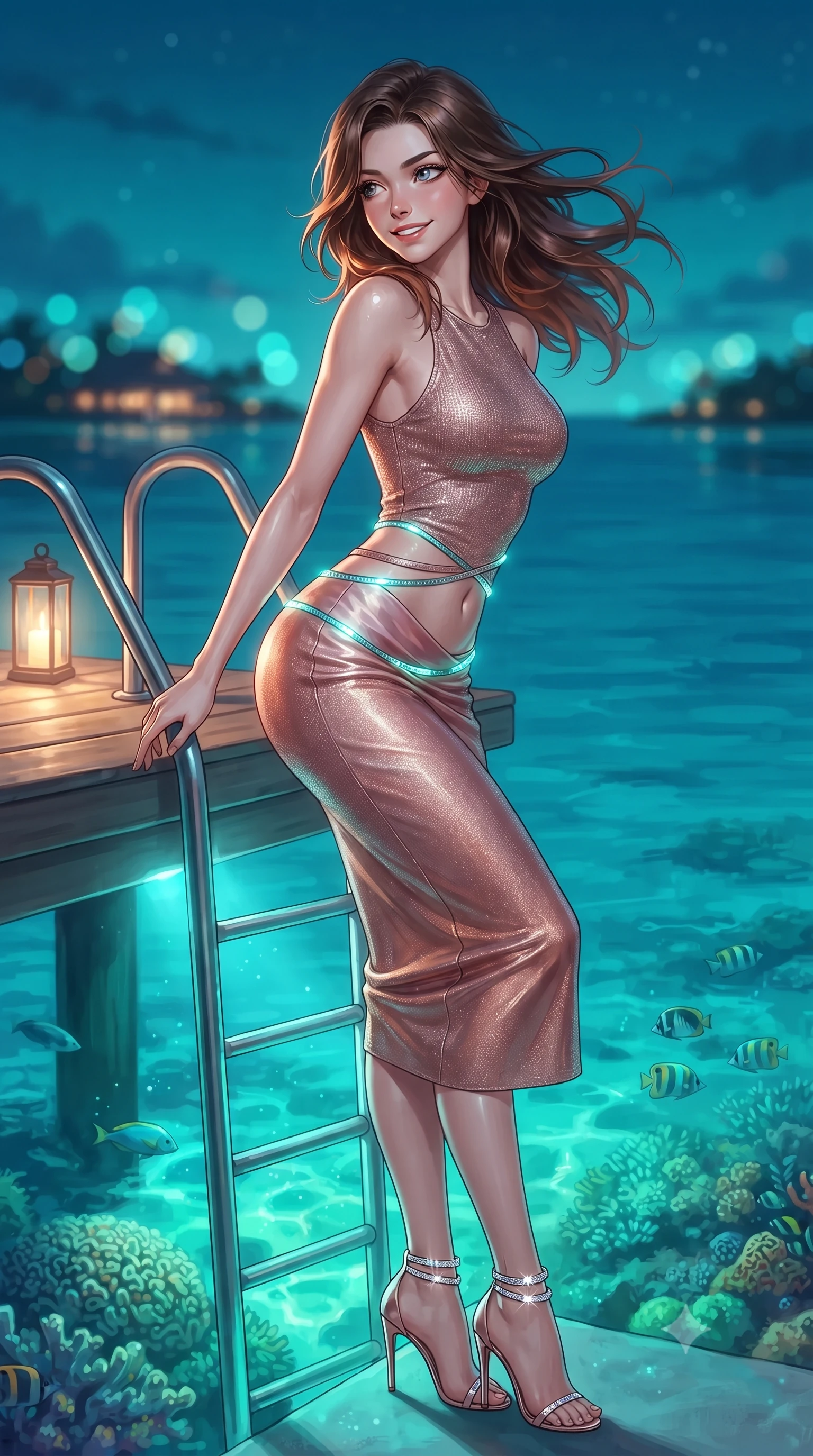 score_9, masterpiece, best quality, ultra-detailed, high-budget anime keyframe, editorial fashion photography, tasteful artistic composition, Korean woman. close-up cowboy shot from the waist and thighs up, the character dominates the composition, filling the frame with her large presence. turning slowly with an enchanting smoldering smile, her glossy hair tossing in the breeze as her hips angle gracefully in a captivating contrapposto while twisting her slender torso in an alluring contrapposto stance beside the private swim-up ladder, glowing turquoise reef lights wrapping around her flat midriff and hips. The background shows a soft-focus crystal-clear turquoise Caribbean waters with illuminated brain coral and swimming tropical fish below, distant island lights, blurred into cyan, emerald, and sapphire bokeh. She has an exceptionally elegant, slender, and willowy female figure with an ultra-slim waist, flat toned midriff, narrow ribcage, and sculpted feminine hips creating an alluring, slim hourglass silhouette without bulk. sharp v-shaped jawline, high-bridge nose, intricate jewel-like sparkling eyes with depth, thick eyelashes, glossy parted lips with a natural peach sheen, bright cheerful beaming smile with an enchanting and coquettish sensual glint, exuding both youthful cute charm and seductive allure, flawlessly proportioned anatomical accuracy, strict slender model proportions, natural body alignment, perfectly sculpted long slender limbs, ultra-slim waistline, clean dynamic posture without body distortion. wearing a body-contouring metallic lurex knit column dress casting radiant starlight shimmer across her flat midriff and curves in rose-quartz blush and burnished copper, crafted from fluid liquid silk satin that clings smoothly to her narrow waist and rounded hips with a dewy sheen, complemented by strappy stiletto sandals with crystal ankle wraps accentuating her slender calves, the second-skin tailored fabric adhering flawlessly to her sculpted flat midriff and slender torso, emphasizing her long leg lines and perfectly proportioned willowy build. bathed in underwater reef cyan-and-green LEDs shining upward contrasted with warm 2700K deck lanterns and clear tropical starlight. ultra-reflective glossy finish, specular highlights, rich textural contrasts, high-contrast stereoscopic depth, volumetric dynamic lighting, 2k, ultra detail, master piece, 9:16 ratio