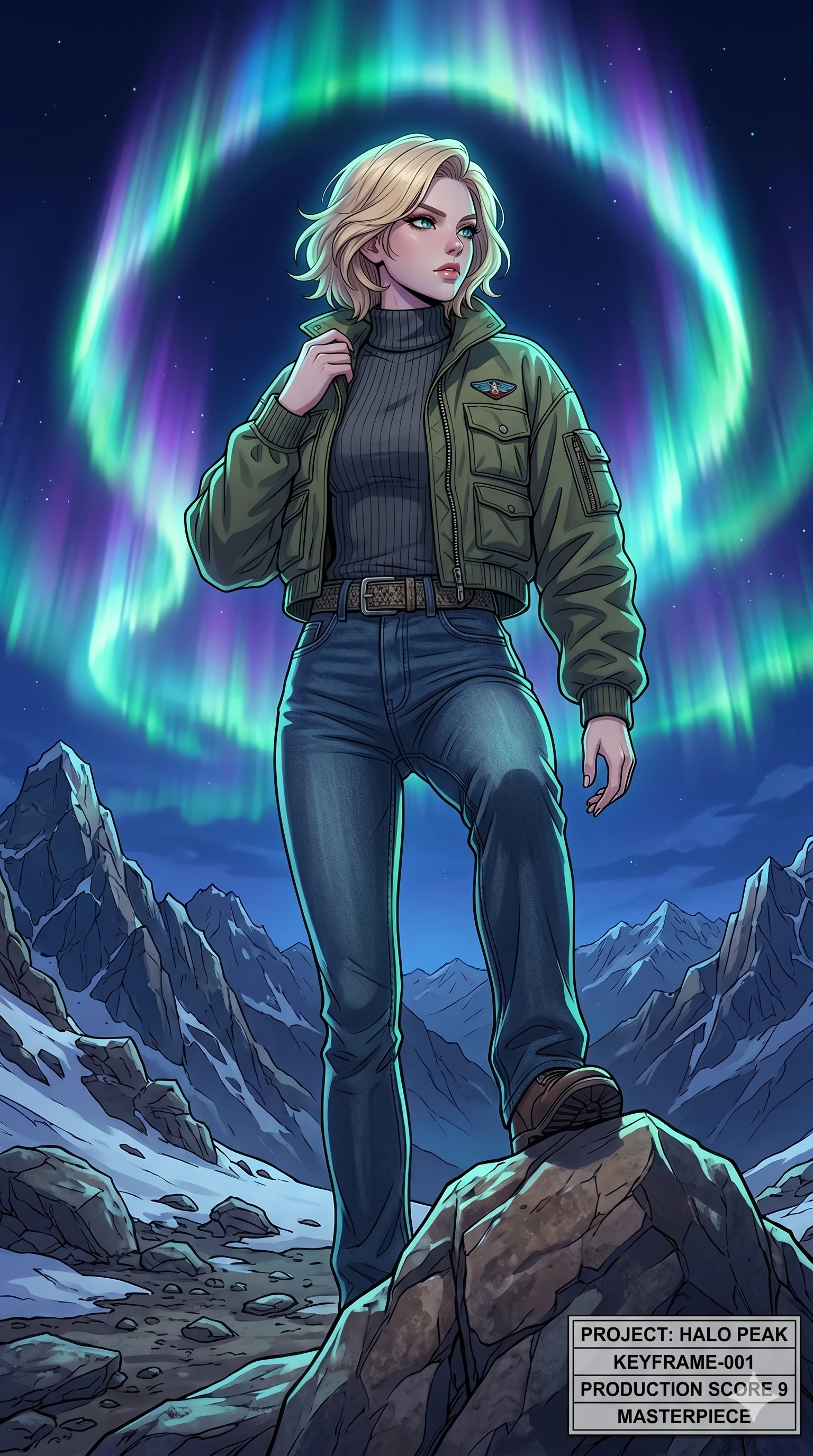 score_9, masterpiece, best quality, ultra-detailed, high-budget anime movie keyframe, cinematic anime lighting, intricate line art, Caucasian (strictly human ears) woman. Low angle cowboy shot capturing a powerful motion and statuesque presence. standing on a mountain peak as the Northern Lights form a halo. She has an graceful and slender female figure with elegant proportions. strictly human anatomy, two legs only, no extra limbs, clearly defined legs and arms, well-defined anatomy, perfect hands and fingers. sharp v-shaped jawline, high-bridge nose, intricate jewel-like eyes, thick eyelashes, glossy lips. Wearing Urban Trendsetter: Stylish urban outfit with a fitted top, high-waist denim, and a trendy jacket. The scene is illuminated by dramatic atmospheric lighting and vibrant color palettes. , 2k, ultra detail, master piece, 9:16 ratio