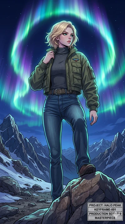 score_9, masterpiece, best quality, ultra-detailed, high-budget anime movie keyframe, cinematic anime lighting, intricate line art, Caucasian (strictly human ears) woman. Low angle cowboy shot capturing a powerful motion and statuesque presence. stan