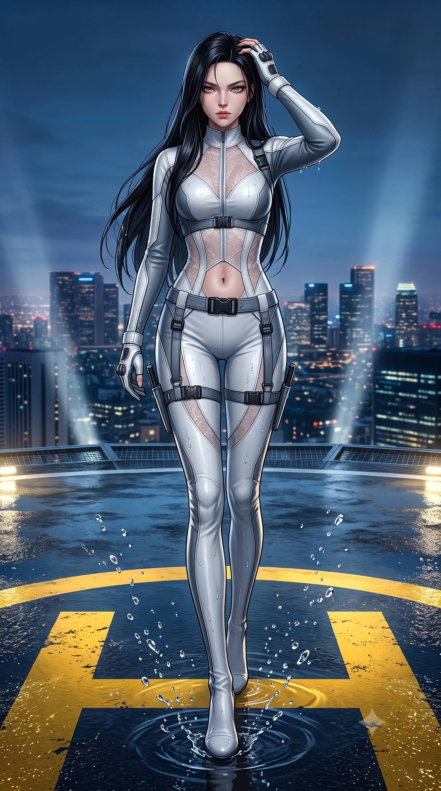 score_9, masterpiece, best quality, ultra-detailed, high-budget anime keyframe, semi-realistic 3D game render, editorial fashion photography, tasteful artistic composition, Korean woman. low angle full-body shot from head to toe showing her feet, filling the entire 9:16 vertical frame with her statuesque presence, stretching her vertical silhouette. stepping forward gracefully in mid-motion, displaying her toned flat midriff and flawlessly sculpted slender limbs while standing resolute at the center of the illuminated yellow helipad circle, pushing wet hair from her forehead with a fierce gaze. The surrounding environment is rendered in vivid detail and crisp panoramic clarity. sharp helipad marking paint textures, distinct water droplet splashes, and wet leather coat sheen in deep focus. She has an absolutely perfect, statuesque 8.5-heads proportion, an exceptionally tall and slender model-like female figure with impossibly long slender legs, a toned flat midriff, and an ultra-slim waist. sharp v-shaped jawline, high-bridge nose, intricate jewel-like eyes with depth, thick eyelashes, glossy lips with a natural sheen, captivating and magnetic expression, flawlessly proportioned anatomical accuracy, strict slender model proportions, natural body alignment, perfectly sculpted long slender limbs, ultra-slim waistline, clean dynamic posture without body distortion. wearing an elite assassin velvet-and-leather hybrid bodysuit with sheer lace sleeves and dagger sheath garter in winter stealth arctic white and slate grey, tailored from second-skin supple lambskin leather with liquid drape, finished with discreet carbon fiber knuckle guards and matte black buckles, the liquid-tight tailored fabric emphasizing every curve of her tall, slender model proportions and sculptured silhouette during dynamic movement. surrounded by an indomitable, dangerous, and breathtakingly cinematic lone infiltration specialist aura. highly saturated vibrant anime colors, detailed shading with soft gradients, rich glossy textures, high-contrast stereoscopic depth, volumetric dynamic lighting, master piece, 9:16 ratio
