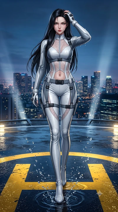 score_9, masterpiece, best quality, ultra-detailed, high-budget anime keyframe, semi-realistic 3D game render, editorial fashion photography, tasteful artistic composition, Korean woman. low angle full-body shot from head to toe showing her feet, fil