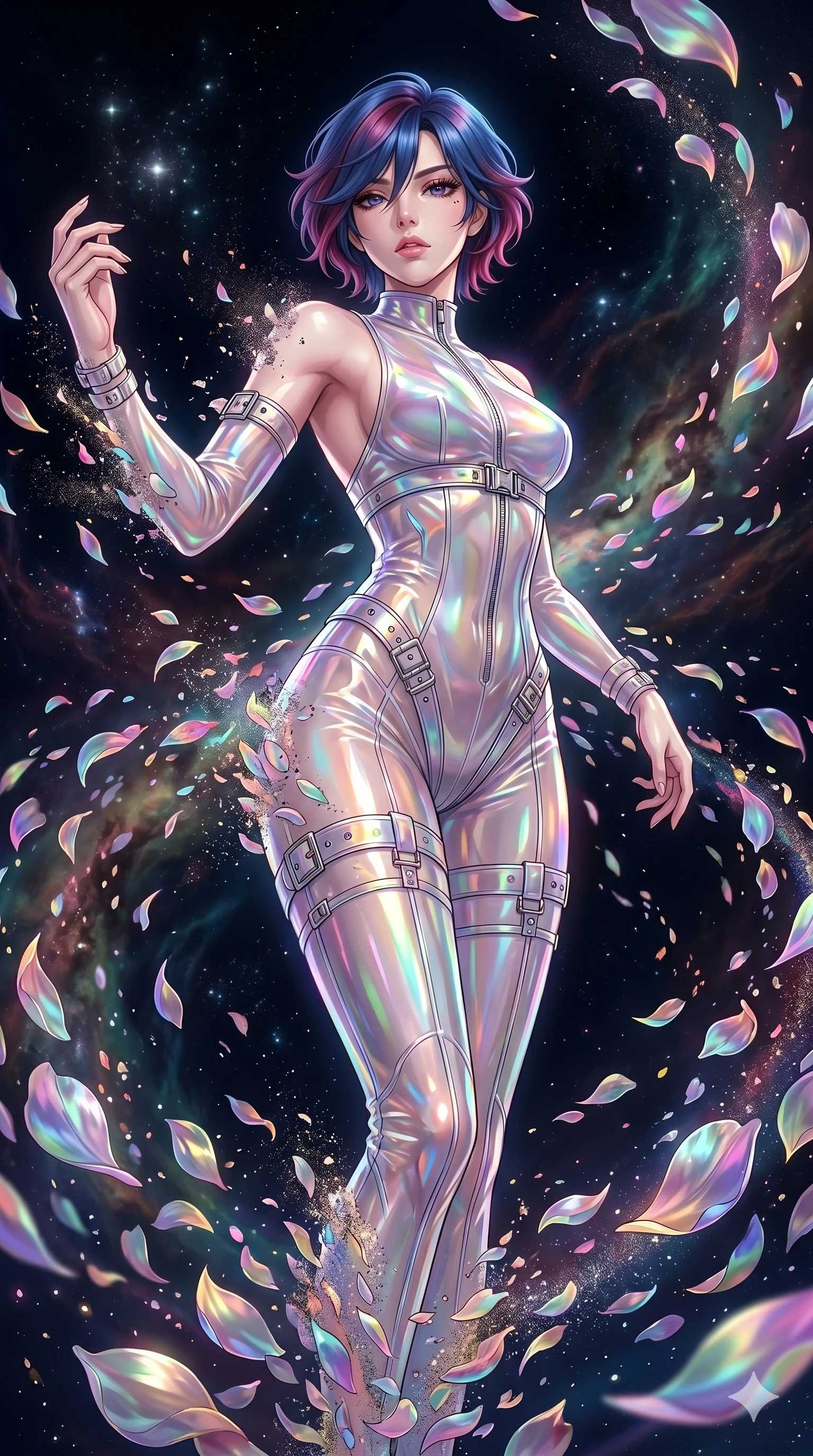 score_9, masterpiece, best quality, ultra-detailed, High-budget Anime Keyframe, East Asian woman. Low angle cowboy shot filling the entire 9:16 frame with her statuesque presence. Scenario 211: Dissolving into a cloud of iridescent silk petals in a void. Her presence is magnetic and overpowering in this high-budget anime scene. Outfit 211: A translucent PVC dangerous with a backless design and metallic buckles. The clothing is designed to emphasize her exceptionally tall and slender 8-heads proportion. 8-heads proportion, towering silhouette, ultra-slim waist. sharp v-shaped jawline, intricate jewel-like eyes with depth, thick eyelashes, glossy lips. 2k, ultra detail, master piece, 9:16 ratio