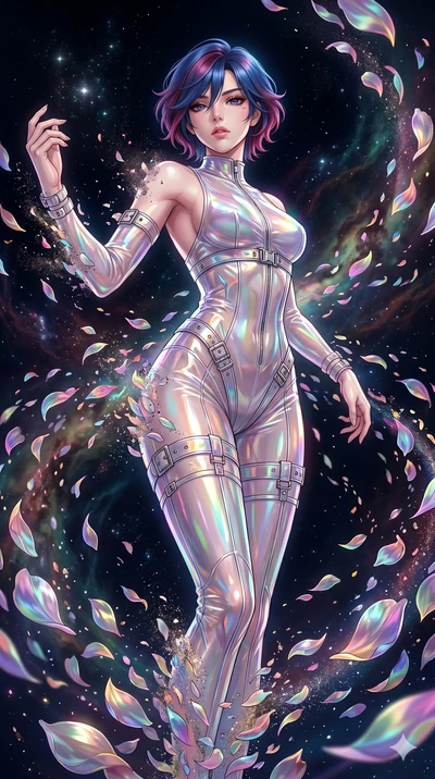 score_9, masterpiece, best quality, ultra-detailed, High-budget Anime Keyframe, East Asian woman. Low angle cowboy shot filling the entire 9:16 frame with her statuesque presence. Scenario 211: Dissolving into a cloud of iridescent silk petals in a v