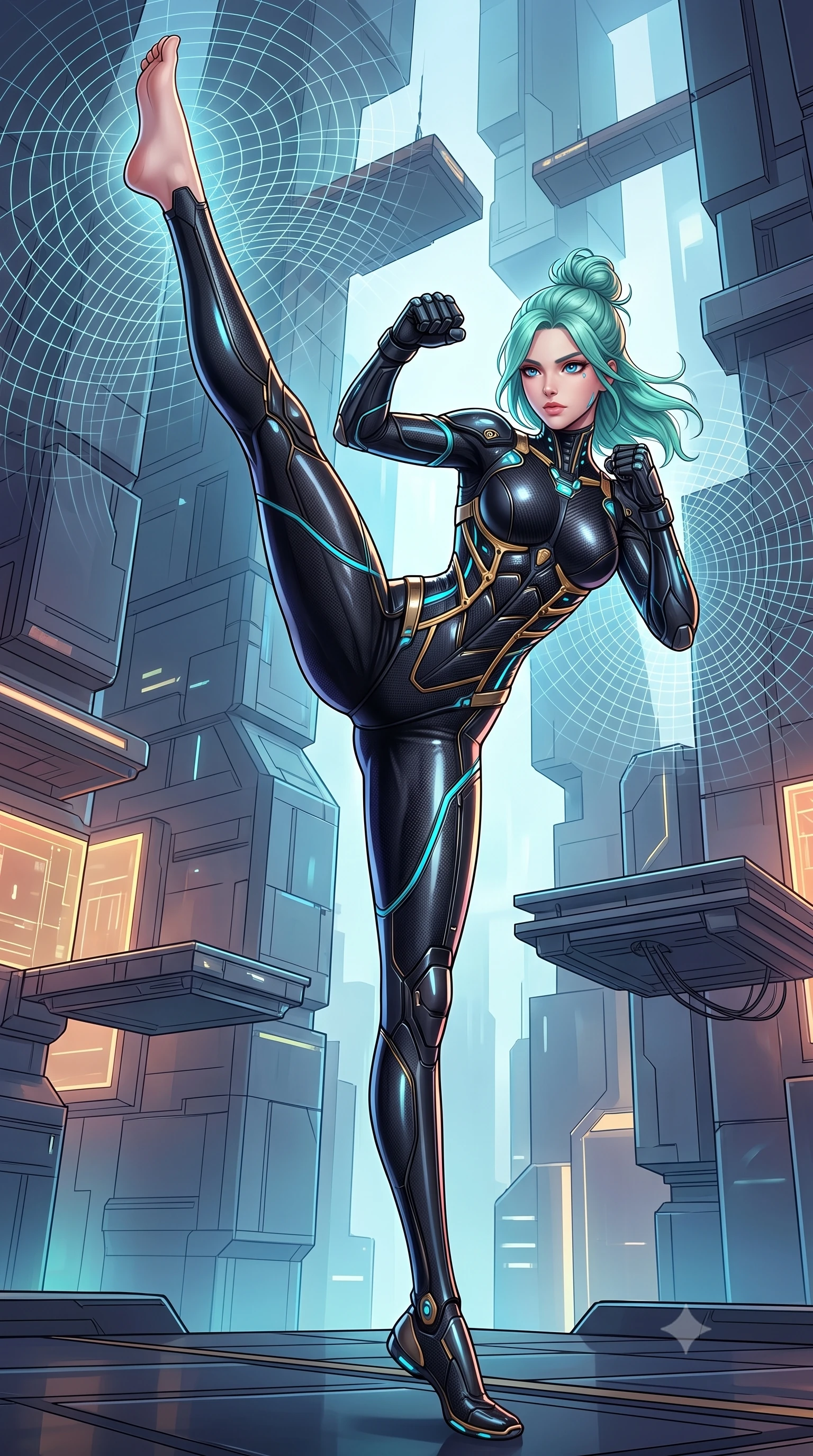 score_9, masterpiece, best quality, ultra-detailed, high-budget anime keyframe, semi-realistic 3D game render, editorial fashion photography, tasteful artistic composition, Japanese woman. low angle full-body shot from head to toe showing her feet, filling the entire 9:16 vertical frame with her statuesque presence, stretching her vertical silhouette. executing a breathtaking zero-gravity high-kick with full 180-degree vertical extension, her impossibly long slender legs dominating the frame with razor-sharp poise while pivoting dynamically as she delivers a precision fist strike into the air, causing quantum grid lines to ripple outward. The surrounding environment is rendered in vivid detail and crisp panoramic clarity. vibrant high-contrast cybernetic lighting and monumental quantum architecture in panoramic precision. She has an absolutely perfect, statuesque 8.5-heads proportion, an exceptionally tall and slender model-like female figure with impossibly long slender legs, a toned flat midriff, and an ultra-slim waist. sharp v-shaped jawline, high-bridge nose, intricate jewel-like eyes with depth, thick eyelashes, glossy lips with a natural sheen, flawlessly proportioned anatomical accuracy, strict slender model proportions, natural body alignment, perfectly sculpted long slender limbs, ultra-slim waistline, clean dynamic posture without body distortion. wearing a precision-tailored high-fashion carbon-fiber corset bodysuit with gold mechanical rib boning and kinetic shock-dampening palms in matte obsidian carbon black with electric cyan conduits, formed from high-gloss patent carbon-plating with specular chiaroscuro reflections, reinforced by a sleek titanium kinetic harness and glowing micro-energy straps, the glove-like aerodynamic second-skin fit tightly clinging to her ultra-slender waist and athletic curves without adding bulk, accentuating her razor-sharp statuesque lines and slim hourglass silhouette. illuminated by sharp specular highlights tracing her ultra-slim waist, long legs, and sculpted collarbones. rich saturated anime colors with glowing neon highlights, detailed shading with soft gradients, rich glossy textures, high-contrast stereoscopic depth, volumetric dynamic lighting, master piece, 9:16 ratio