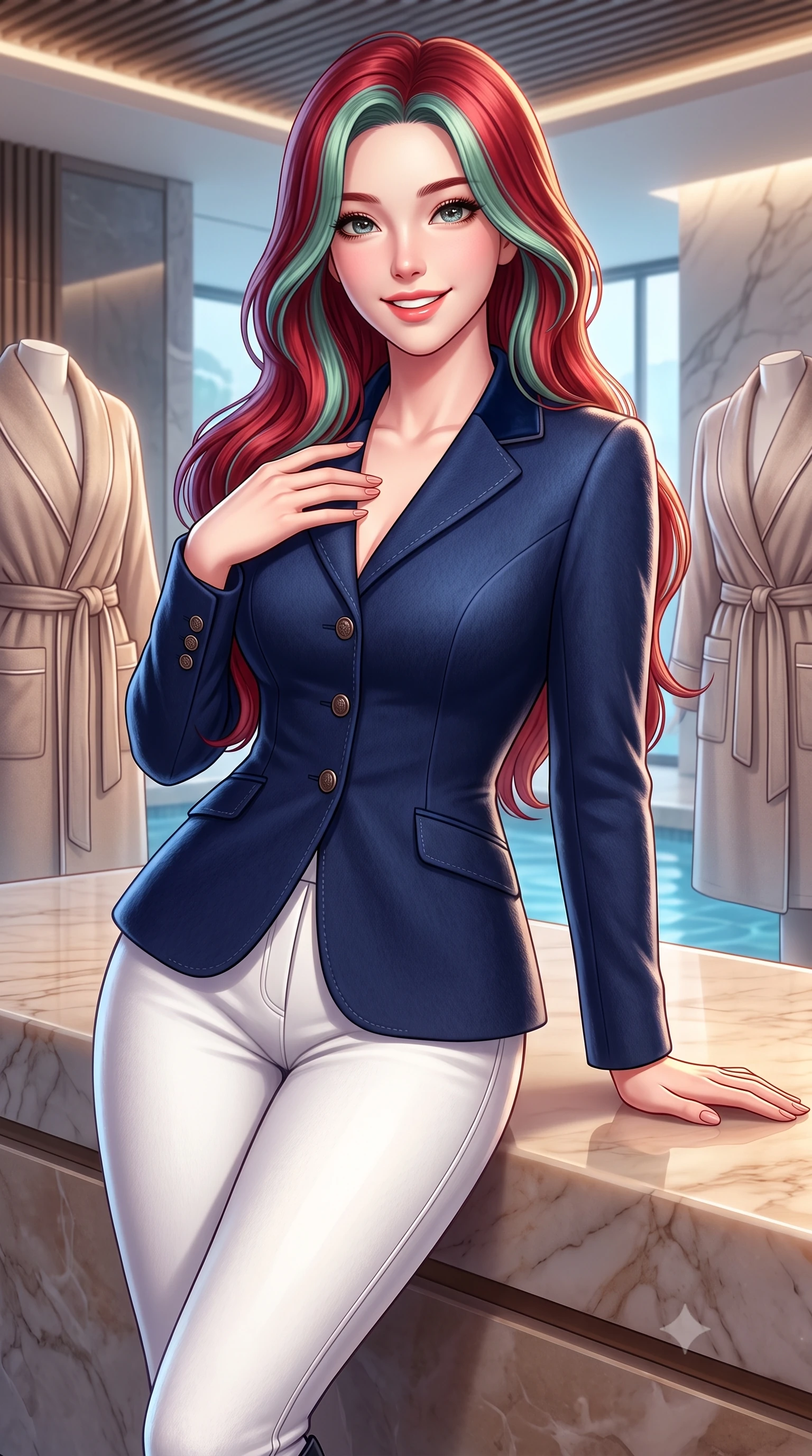 score_9, masterpiece, best quality, ultra-detailed, high-budget anime keyframe, semi-realistic 3D game render, editorial fashion photography, tasteful artistic composition, Caucasian woman. close-up cowboy shot from the waist and thighs up, the character dominates the composition, filling the frame with her large presence. resting one hand gracefully on her tailored blazer lapel while looking into the camera with bright, sparkling eyes while leaning against a smooth heated marble bench, resting one hand on the warm stone with effortless wellness-model grace. The surrounding environment is rendered in vivid detail and crisp panoramic clarity: detailed belted cashmere robe coat tailoring, silk piping borders, and master Swiss spa architecture in razor-sharp precision. She has an exceptionally elegant, slender, and willowy female figure with an ultra-slim waist, flat toned midriff, narrow ribcage, and sculpted feminine hips creating an alluring, slim hourglass silhouette without bulk. sharp v-shaped jawline, high-bridge nose, intricate jewel-like sparkling eyes with depth, thick eyelashes, glossy parted lips with a natural peach sheen, bright cheerful beaming smile with an enchanting and coquettish sensual glint, exuding both youthful cute charm and seductive allure, flawlessly proportioned anatomical accuracy, strict slender model proportions, natural body alignment, perfectly sculpted long slender limbs, ultra-slim waistline, clean dynamic posture without body distortion. wearing a tailored velvet collar wool equestrian blazer paired with slim-cut riding trousers and knee-high leather boots in French navy blue and crisp alabaster white, woven from plush alpaca yarn with a cloud-like fuzzy texture and soft halo, featuring delicate tonal horn buttons and meticulous hand-stitched pick-lapel borders, the precision-cut high-waisted tailoring accentuating her ultra-slim waist and long slender leg line with immaculate aristocratic poise. illuminated by thermal pool surface caustics and soft pearlescent rim lights accentuating her sharp jawline and slender hourglass silhouette. highly saturated vibrant anime colors, detailed shading with soft gradients, rich glossy textures, high-contrast stereoscopic depth, volumetric dynamic lighting, master piece, 9:16 ratio