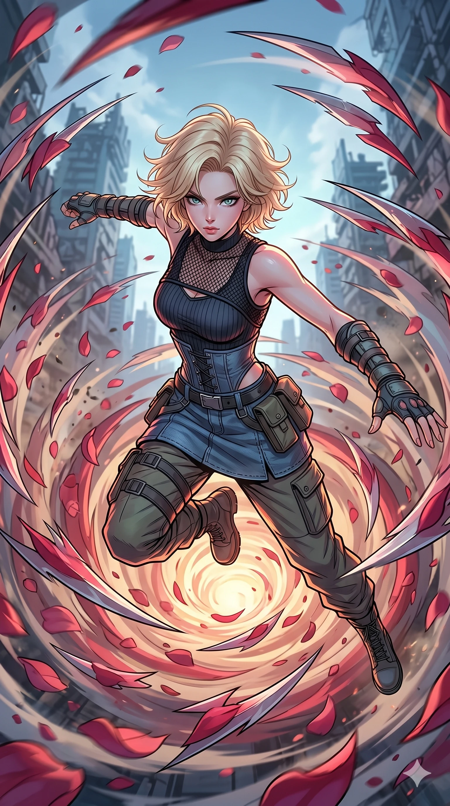 score_9, masterpiece, best quality, ultra-detailed, high-budget anime movie keyframe, cinematic anime lighting, intricate line art, Caucasian (strictly human ears) woman. Extreme high angle shot as she leaps towards the camera, filling the frame. spinning in a whirlwind of rose petals that turn into blades. She has an absolutely perfect 8-heads proportion, an exceptionally tall and slender female figure with graceful and slender proportions. strictly human anatomy, two legs only, no extra limbs, clearly defined legs and arms, perfect anatomy, perfect hands and fingers. sharp v-shaped jawline, high-bridge nose, intricate jewel-like eyes, thick eyelashes, glossy lips. Wearing Urban Trendsetter: Ribbed bodycon dress, crop top with high-waist denim, and elegant corset with cargo pants. The scene is illuminated by dramatic atmospheric lighting and vibrant color palettes. , 2k, ultra detail, master piece, 9:16 ratio