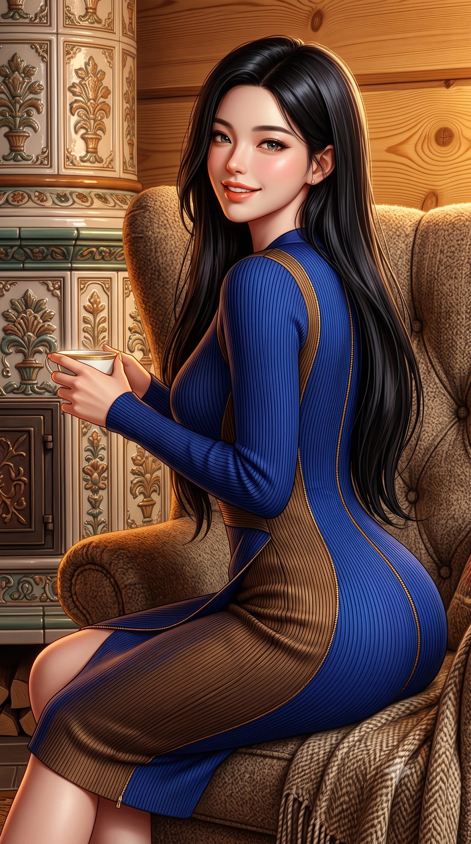 score_9, masterpiece, best quality, ultra-detailed, high-budget anime keyframe, semi-realistic 3D game render, editorial fashion photography, tasteful artistic composition, Korean woman. close-up cowboy shot from the waist and thighs up, the character dominates the composition, filling the frame with her large presence. turning in an alluring three-quarter profile with head tilted, her glossy parted lips and jewel-like eyes catching the warm light while curled up comfortably in an oversized wool wingback chair beside a traditional ceramic tile stove, smiling warmly with teacup in hand. The surrounding environment is rendered in vivid detail and crisp panoramic clarity: sharp tight annual growth rings in fragrant pine timber, glazed ceramic stove relief patterns, and hand-woven wool throw textures in deep focus. She has an exceptionally elegant, slender, and willowy female figure with an ultra-slim waist, flat toned midriff, narrow ribcage, and sculpted feminine hips creating an alluring, slim hourglass silhouette without bulk. sharp v-shaped jawline, high-bridge nose, intricate jewel-like sparkling eyes with depth, thick eyelashes, glossy parted lips with a natural peach sheen, bright cheerful beaming smile with an enchanting and coquettish sensual glint, exuding both youthful cute charm and seductive allure, flawlessly proportioned anatomical accuracy, strict slender model proportions, natural body alignment, perfectly sculpted long slender limbs, ultra-slim waistline, clean dynamic posture without body distortion. wearing a body-hugging asymmetrical-wrap ribbed knit midi dress with fluid stretch fabric tracing her curvaceous hips in royal sapphire blue and antique brushed bronze, made of high-gauge compact silk knit that hugs her curves with seamless sculpted precision, featuring fine gold zipper details tracing the vertical spine and contour seams, the second-skin tailored fabric adhering flawlessly to her sculpted flat midriff and slender torso, emphasizing her long leg lines and perfectly proportioned willowy build. illuminated by honey pine wall reflection bounce and warm buttery rim lights sculpting her features and slender hourglass curves. highly saturated vibrant anime colors, detailed shading with soft gradients, rich glossy textures, high-contrast stereoscopic depth, volumetric dynamic lighting, master piece, 9:16 ratio