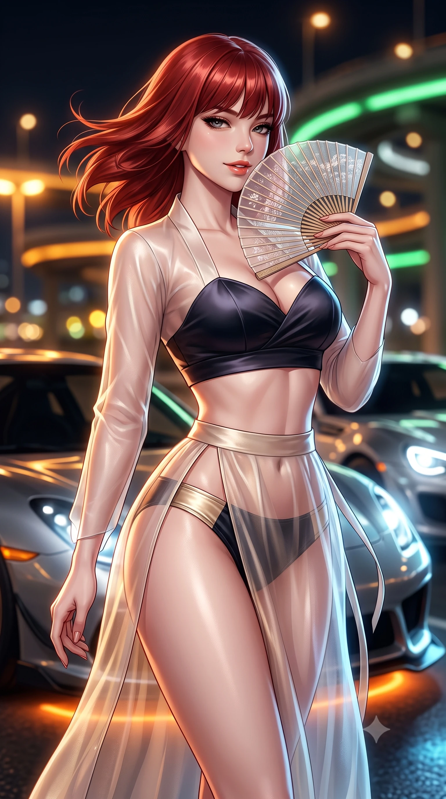 score_9, masterpiece, best quality, ultra-detailed, high-budget anime keyframe, semi-realistic 3D game render, editorial fashion photography, tasteful artistic composition, Caucasian woman. close-up cowboy shot from the waist and thighs up, the character dominates the composition, filling the frame with her large presence. turning slowly with an enchanting smoldering smile, her glossy hair tossing in the breeze as her hips angle gracefully in a captivating contrapposto while twisting her slender torso in an alluring S-curve, sodium parking lights and car underglow tracing her narrow waist and curvy hips. The background shows a soft-focus gleaming sports car hoods, spiral overpass expressway ramps, and sodium parking lamps blurred into molten amber, neon green, and silver bokeh. She has an exceptionally elegant, slender, and willowy female figure with an ultra-slim waist, flat toned midriff, narrow ribcage, and sculpted feminine hips creating an alluring, slim hourglass silhouette without bulk. sharp v-shaped jawline, high-bridge nose, sparkling eyes with hypnotic seductive depth, thick curled eyelashes, glossy parted lips with a natural dewy peach sheen, alluring bedroom-eyes with an enchanting coquettish smile, exuding magnetic siren charisma and sophisticated glamour, flawlessly proportioned anatomical accuracy, strict slender model proportions, natural body alignment, perfectly sculpted long slender limbs, ultra-slim waistline, clean dynamic posture without body distortion. wearing a plunging sweetheart-neckline silk jeogori crop top paired with an ultra-high-slit translucent chima wrap skirt and satin briefs in midnight obsidian black and shimmering liquid champagne gold, made of delicate semi-sheer Korean gossamer organza with subtle pearlescent glints, finished with a transparent silk folding fan held gracefully near her glossy parted lips, the glove-like clinging cut tightly following the natural contour of her hips and long slender legs with youthful 8.5-heads elegance. illuminated by car hood specular bounce and sharp platinum rim lights sculpting her razor-sharp jawline, flat midriff, and curvaceous hips. highly saturated vibrant anime colors, detailed shading with soft gradients, rich glossy textures, high-contrast stereoscopic depth, volumetric dynamic lighting, master piece, 9:16 ratio