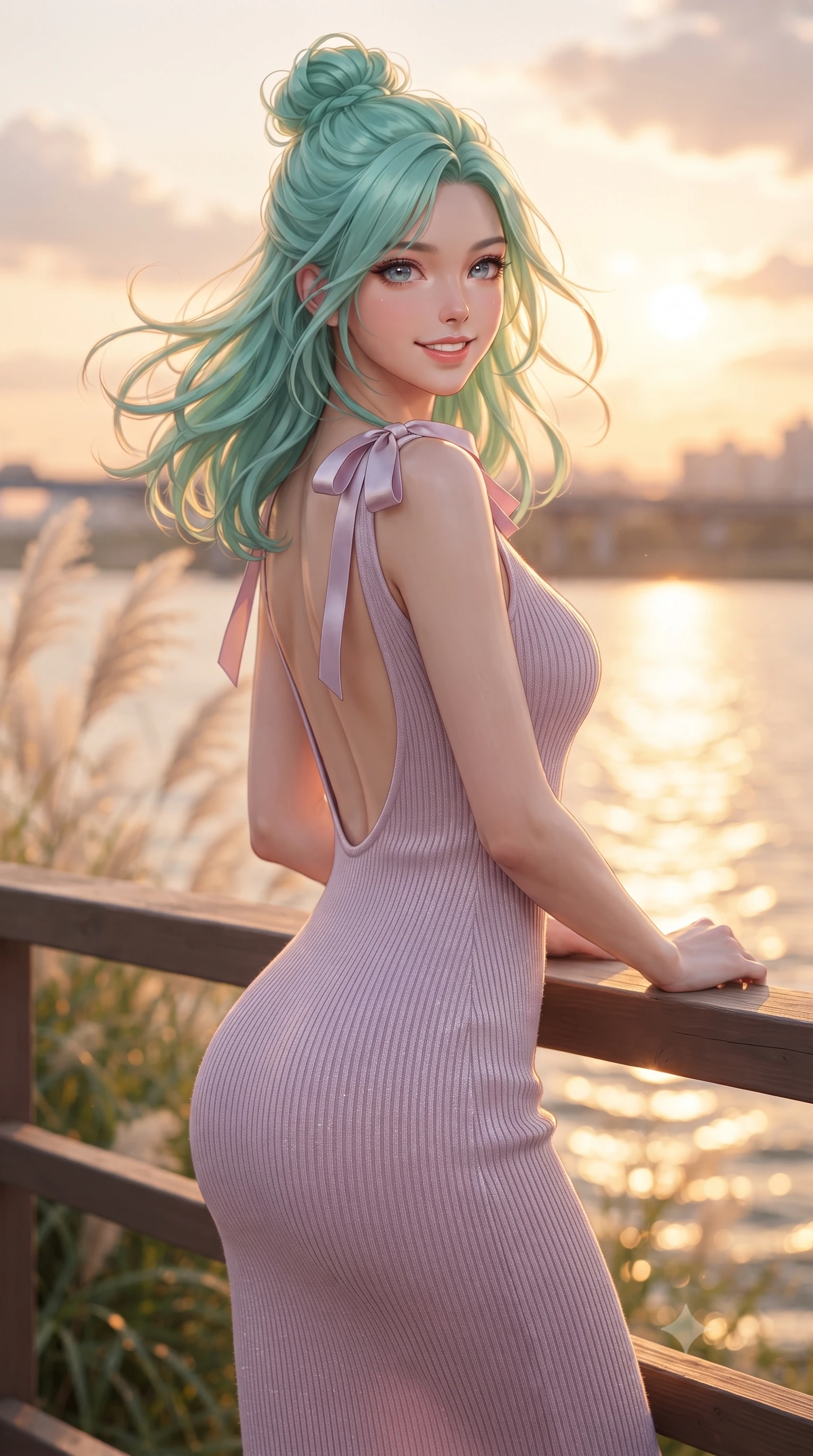 score_9, masterpiece, best quality, ultra-detailed, high-budget anime keyframe, editorial fashion photography, tasteful artistic composition, Japanese woman. close-up cowboy shot from the waist and thighs up, the character dominates the composition, filling the frame with her large presence. turning playfully with a bright confident smile, her glossy hair tossing in the breeze as her hips angle gracefully in a captivating contrapposto while standing poised against the sunset-lit riverbank railing, twisting her slender torso in an alluring contrapposto stance as the river sparkles in gold. The composition keeps background elements in soft focus with dreamy creamy bokeh. swaying pampas grass, sparkling Han River water ripples, and glowing sunset clouds blurred into peach, apricot, and champagne bokeh. She has an exceptionally elegant, slender, and willowy female figure with an ultra-slim waist, flat toned midriff, narrow ribcage, and sculpted feminine hips creating an alluring, slim hourglass silhouette without bulk. sharp v-shaped jawline, high-bridge nose, intricate jewel-like sparkling eyes with depth, thick eyelashes, glossy parted lips with a natural peach sheen, bright cheerful beaming smile with an enchanting and coquettish sensual glint, exuding both youthful cute charm and seductive allure, flawlessly proportioned anatomical accuracy, strict slender model proportions, natural body alignment, perfectly sculpted long slender limbs, ultra-slim waistline, clean dynamic posture without body distortion. wearing a form-contouring ribbed knit bodycon midi dress with an open back scoop descending to the base of her spine in soft lilac and champagne shimmer, formed from supple second-skin stretch ribbed knit clinging to her form, finished with cute satin bow ribbons tying at the shoulders, the form-contouring cut accentuating her sculpted flat midriff, narrow delicate ribcage, and gracefully curvy hips with supermodel precision. bathed in breathtaking golden hour sunset backlighting painting the river in molten gold. ultra-reflective glossy finish, specular highlights, rich textural contrasts, high-contrast stereoscopic depth, volumetric dynamic lighting, 2k, ultra detail, master piece, 9:16 ratio