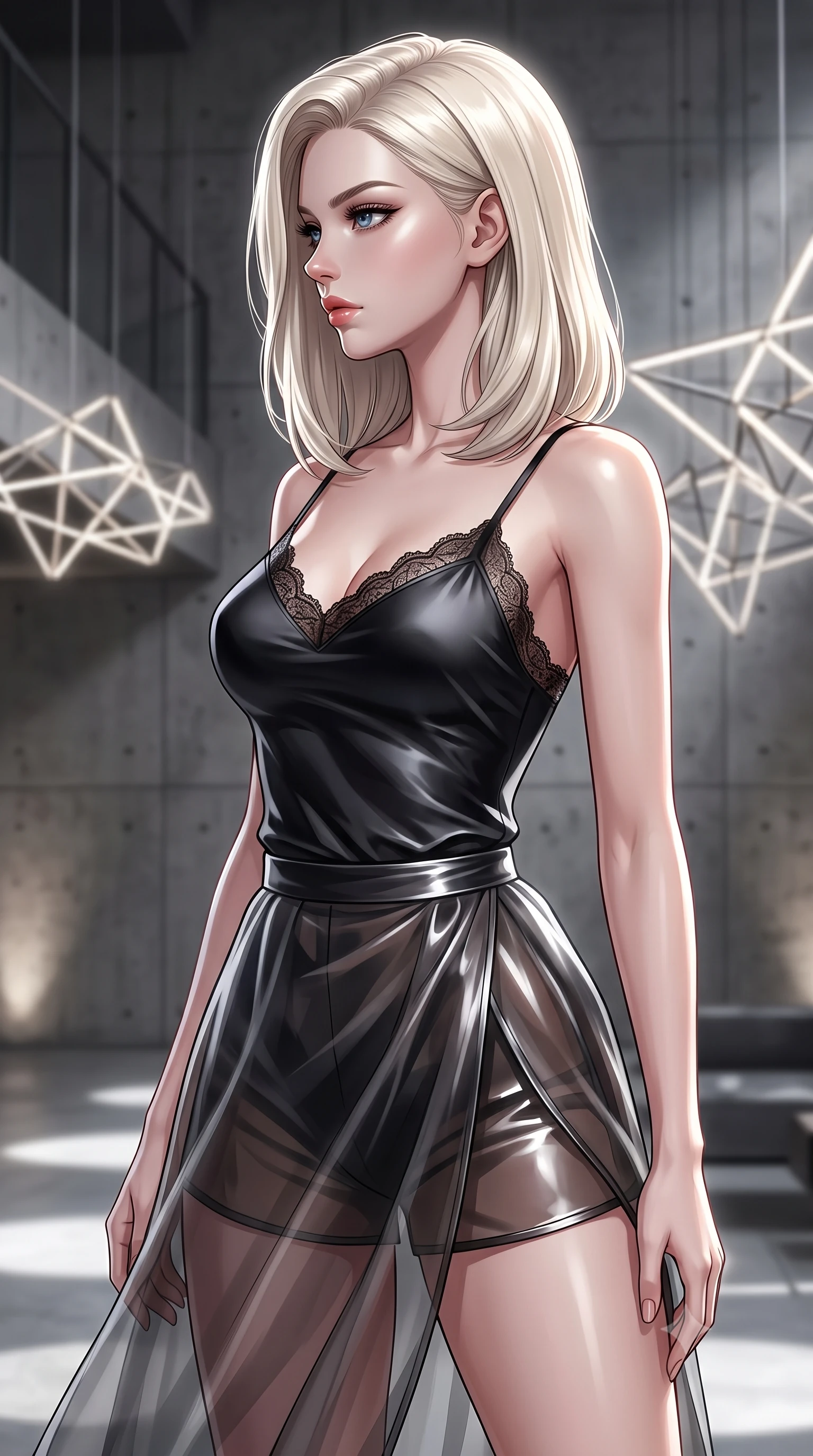 score_9, masterpiece, best quality, ultra-detailed, high-budget anime keyframe, editorial fashion photography, tasteful artistic composition, Caucasian woman. close-up cowboy shot from the waist and thighs up, the character dominates the composition, filling the frame with her large presence, background elements kept in soft focus. turning her face in sharp profile, casting a cold, mysterious, yet intensely alluring side gaze, the background shows a soft-focus an underground vault lounge with concrete walls and modern geometric light installations. She has an exceptionally elegant, slender, and willowy female figure with an ultra-slim waist, a gracefully sculpted slender torso, and a refined silhouette. sharp v-shaped jawline, high-bridge nose, intricate jewel-like eyes with depth, thick eyelashes, glossy lips with a natural sheen. wearing a form-contouring delicate lace-trim camisole in black silk, paired with a sheer organza wrap skirt and shorts. focused white spotlights casting clean, structured shadows across her pose. ultra-reflective glossy finish, specular highlights, metallic sheen, high-contrast stereoscopic depth, volumetric dynamic lighting, 2k, ultra detail, master piece, 9:16 ratio
