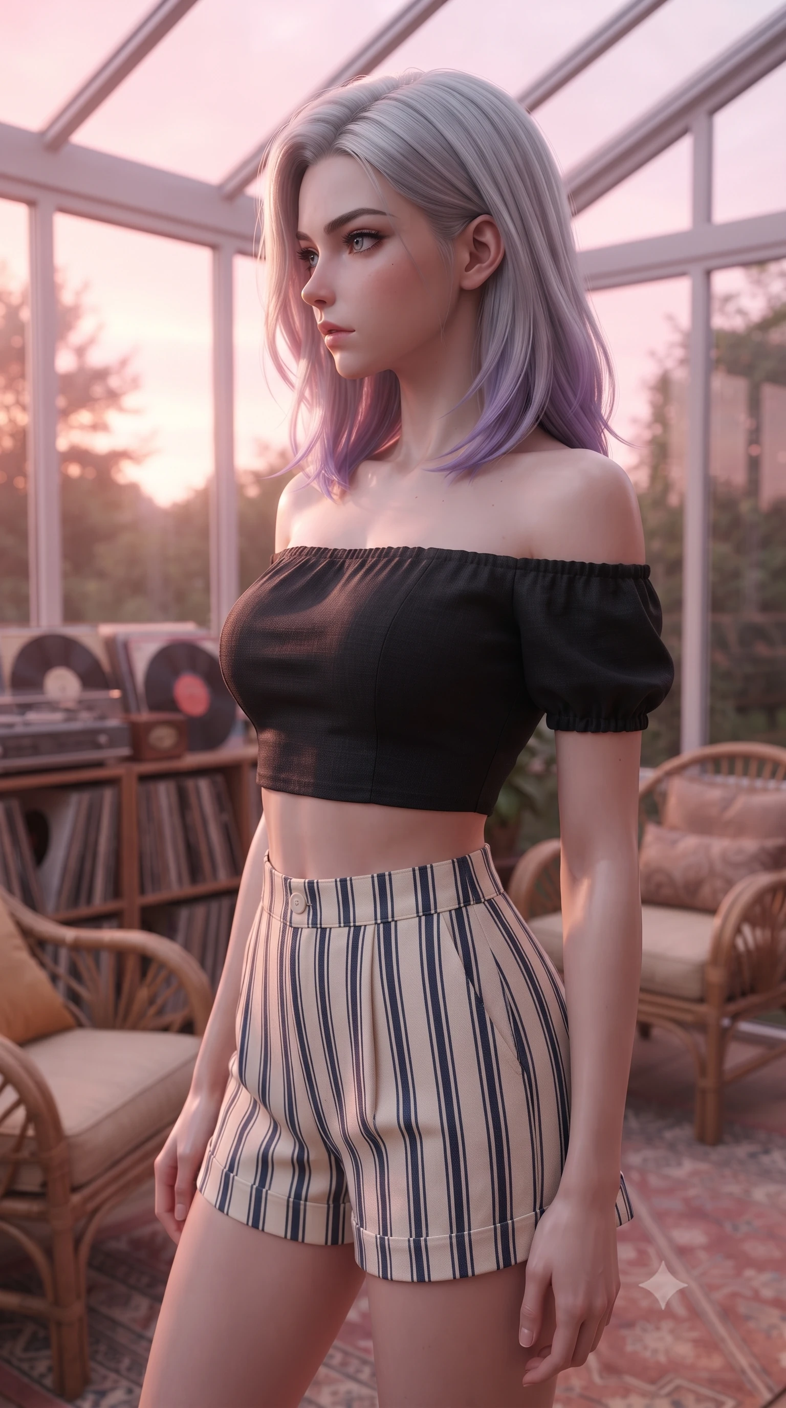 score_9, masterpiece, best quality, ultra-detailed, high-budget anime keyframe, editorial fashion photography, tasteful artistic composition, Caucasian woman. close-up cowboy shot from the waist and thighs up, the character dominates the composition, filling the frame with her large presence, background elements kept in soft focus. turning her face in sharp profile, casting a cold, mysterious, yet intensely alluring side gaze, the background shows a soft-focus a glass-walled sunroom filled with vintage records and comfortable rattan chairs. She has an exceptionally elegant, slender, and willowy female figure with an ultra-slim waist, a gracefully sculpted slender torso, and a refined silhouette. sharp v-shaped jawline, high-bridge nose, intricate jewel-like eyes with depth, thick eyelashes, glossy lips with a natural sheen. wearing a form-contouring chic off-shoulder crop top in black linen, paired with high-waisted striped resort shorts. soft pink and amber sunset glow painting the room in a romantic wash. ultra-reflective glossy finish, specular highlights, metallic sheen, high-contrast stereoscopic depth, volumetric dynamic lighting, 2k, ultra detail, master piece, 9:16 ratio