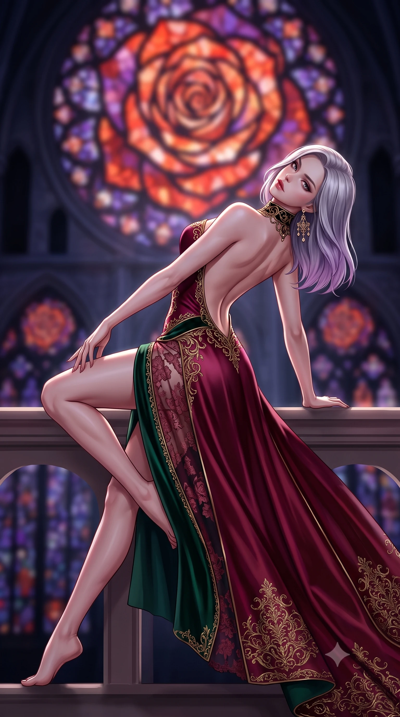 score_9, masterpiece, best quality, ultra-detailed, high-budget anime keyframe, semi-realistic 3D game render, editorial fashion photography, tasteful artistic composition, Caucasian woman. low angle full-body shot from head to toe showing her feet, filling the entire 9:16 vertical frame with her statuesque presence, stretching her vertical silhouette. reclining back languidly with one knee bent and spine arched in a breathtaking dancer line, commanding the entire 9:16 vertical frame while arching her back in an alluring dance-like pause as moonlight pours through a colossal rose stained-glass window. The composition keeps background elements in soft focus with creamy bokeh. colossal gothic rose windows and distant flying buttresses blurred into blood-orange, violet, and obsidian bokeh. She has an absolutely perfect, statuesque 8.5-heads proportion, an exceptionally tall and slender model-like female figure with impossibly long slender legs, a toned flat midriff, and an ultra-slim waist. sharp v-shaped jawline, high-bridge nose, intricate jewel-like eyes with depth, thick eyelashes, glossy parted lips with a natural sheen, intensely captivating and seductive expression, flawlessly proportioned anatomical accuracy, strict slender model proportions, natural body alignment, perfectly sculpted long slender limbs, ultra-slim waistline, clean dynamic posture without body distortion. wearing a high-collar burgundy duchess satin gown with asymmetrical sheer side panels and thigh slit in antique emerald velvet and gold filigree, formed from shimmering floral lace over smooth opaque silk lining, finished with a dramatic filigree Victorian choker and chandelier earrings, the dramatically scooped open back descending to the base of her spine, accentuating her razor-sharp statuesque lines and slim hourglass silhouette. illuminated by crisp specular highlights defining her sculpted jawline, bare spine, and long limbs. highly saturated vibrant anime colors, detailed shading with soft gradients, rich glossy textures, high-contrast stereoscopic depth, volumetric dynamic lighting, master piece, 9:16 ratio