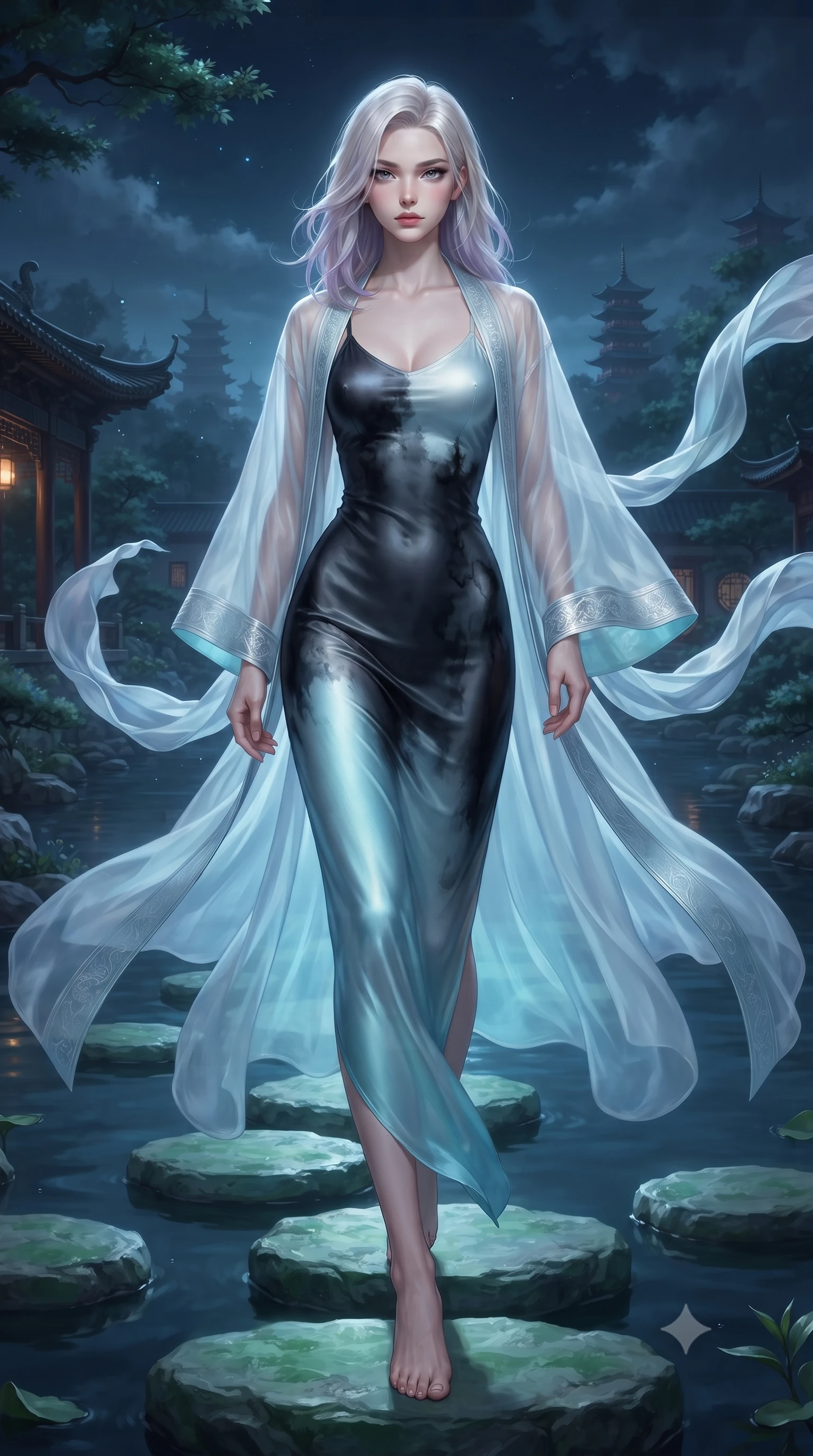 score_9, masterpiece, best quality, ultra-detailed, high-budget anime keyframe, editorial fashion photography, tasteful artistic composition, Caucasian woman. low angle full-body shot from head to toe showing her feet, filling the entire 9:16 vertical frame with her statuesque presence, stretching her vertical silhouette. striding forward in a proud, dynamic supermodel runway stride, her statuesque vertical silhouette commanding the entire frame while striding across floating jade stepping stones with ethereal, weightless grace and divine celestial poise. The surrounding environment is rendered in vivid detail and crisp panoramic clarity. transcendent nocturnal oriental chiaroscuro and magical moonlit garden architecture in precision. She has an absolutely perfect, statuesque 8.5-heads proportion, an exceptionally tall and slender model-like female figure with impossibly long slender legs, a toned flat midriff, and an ultra-slim waist. sharp v-shaped jawline, high-bridge nose, intricate jewel-like eyes with depth, thick eyelashes, glossy lips with a natural sheen, captivating and magnetic expression, flawlessly proportioned anatomical accuracy, strict slender model proportions, natural body alignment, perfectly sculpted long slender limbs, ultra-slim waistline, clean dynamic posture without body distortion. wearing an ethereal moon-goddess gossamer robe worn over a form-contouring pearlescent silk slip in dark ink-wash black and radiant moonlight cyan, tailored from traditional lustrous satin with delicate hand-stitched borders, complemented by long flowing silk arm ribbons that float weightlessly in the air, the glove-like aerodynamic second-skin fit tightly clinging to her ultra-slender waist and athletic curves without adding bulk, accentuating her razor-sharp statuesque lines and slim hourglass silhouette. illuminated by gentle ambient water bounce light defining her flawless features and slender waist. ultra-reflective glossy finish, specular highlights, rich textural contrasts, high-contrast stereoscopic depth, volumetric dynamic lighting, 2k, ultra detail, master piece, 9:16 ratio
