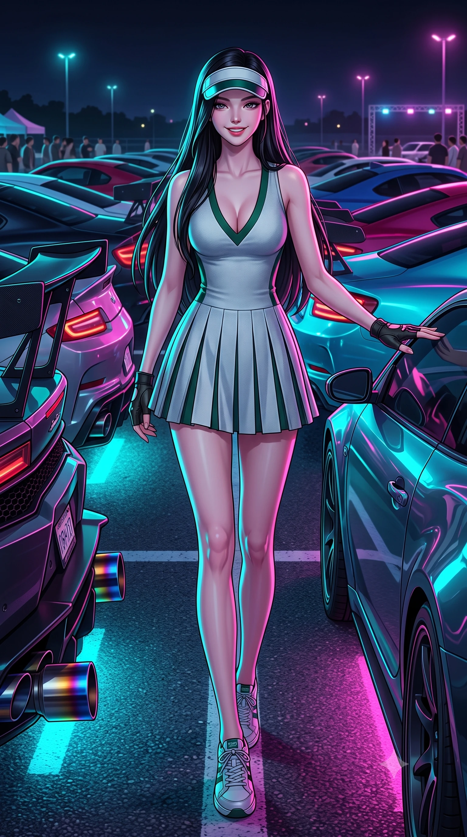 score_9, masterpiece, best quality, ultra-detailed, high-budget anime keyframe, semi-realistic 3D game render, editorial fashion photography, tasteful artistic composition, Korean woman. low angle full-body shot from head to toe showing her feet, filling the entire 9:16 vertical frame with her statuesque presence, stretching her vertical silhouette. standing in a tall, confident posture with one hand on the sports car roof, stretching her statuesque body as she arches her lower back to emphasize her sculpted feminine hips and slender waist while walking slowly down the row of roaring tuned engines with sovereign swagger, her long slender legs and hourglass curves commanding the car meet. The surrounding environment is rendered in vivid detail and crisp panoramic clarity: sharp titanium exhaust tip heat-burn discoloration, glossy car paint reflections, and asphalt parking bay line clarity in deep focus. She has an absolutely perfect, statuesque 8.5-heads proportion, an exceptionally tall and slender model-like female figure with impossibly long slender legs, an ultra-slim waist, a flat toned midriff, narrow delicate ribcage, and beautifully sculpted feminine hips creating a graceful, slim hourglass silhouette without any bulky heaviness. sharp v-shaped jawline, high-bridge nose, sparkling eyes with athletic focus and depth, thick curled eyelashes, glossy parted lips with a natural coral-peach sheen, bright confident and coquettish smile with alluring bedroom-eyes, exuding both youthful sporty vigor and sovereign high-society glamour, flawlessly proportioned anatomical accuracy, strict slender model proportions, natural body alignment, perfectly sculpted long slender limbs, ultra-slim waistline, clean dynamic posture without body distortion. wearing a deep V-neck knit tennis dress with an open-back scoop and knife-pleated skirt tracing her narrow waist and hips in alpine silver platinum and forest green, tailored from crisp cotton poplin with clean aerodynamic structural lines, accented with a sporty retro tennis visor and fingerless leather driving gloves, the glove-like aerodynamic silhouette tightly following the natural contour of her hips and long slender legs with youthful 8.5-heads elegance. bathed in intense saturated underglow neons in electric cyan and magenta contrasting with night shadows. highly saturated vibrant anime colors, detailed shading with soft gradients, rich glossy textures, high-contrast stereoscopic depth, volumetric dynamic lighting, master piece, 9:16 ratio
