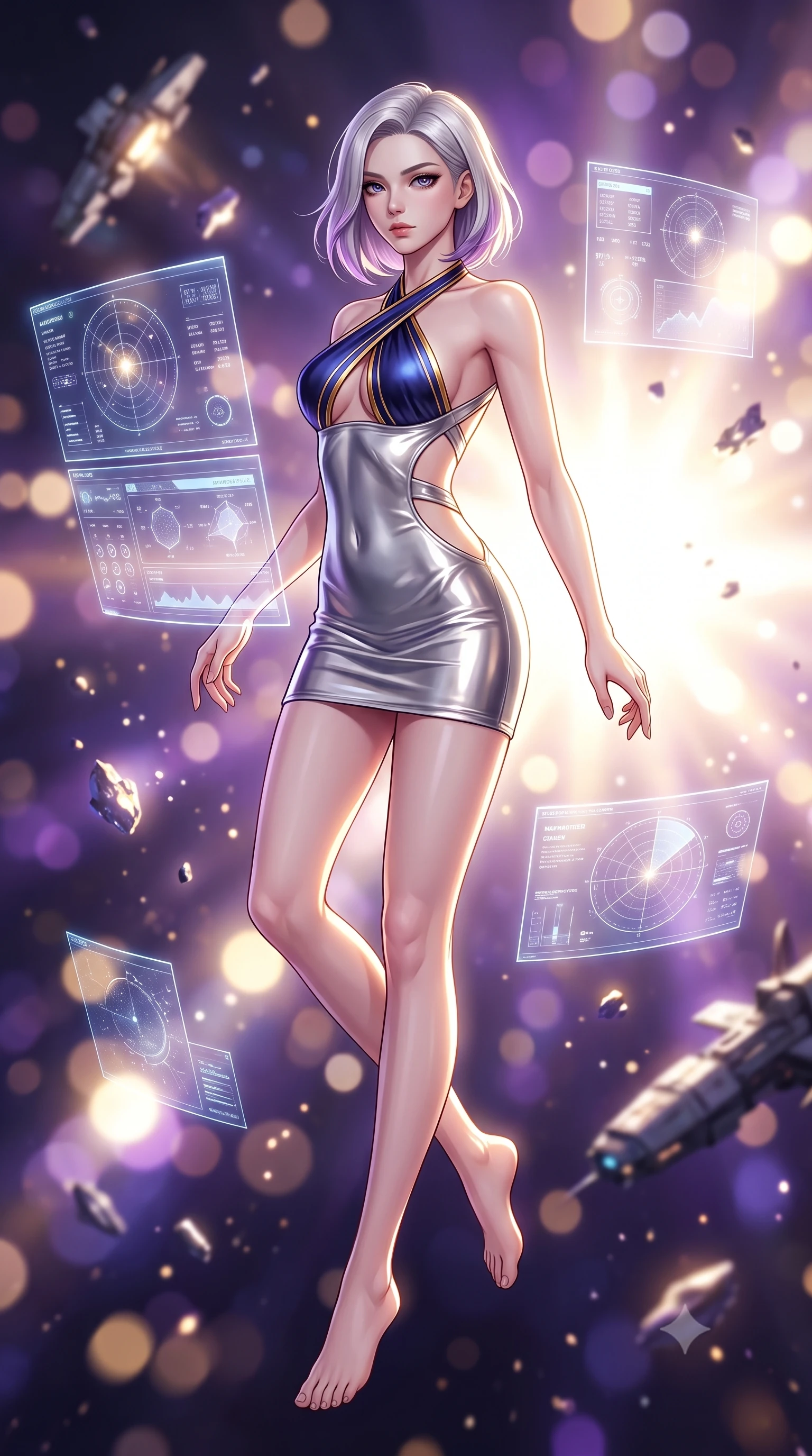 score_9, masterpiece, best quality, ultra-detailed, high-budget anime keyframe, semi-realistic 3D game render, editorial fashion photography, tasteful artistic composition, Caucasian woman. low angle full-body shot from head to toe showing her feet, filling the entire 9:16 vertical frame with her statuesque presence, stretching her vertical silhouette. pivoting dynamically in mid-motion with a breathtakingly alluring posture, displaying her flawless model proportions and ultra-slim waist while pivoting in zero-gravity amidst floating holographic navigation charts and glowing celestial debris. The composition keeps background elements in soft focus with creamy bokeh. blazing supernova shockwaves and floating starship debris blurred into brilliant violet and gold bokeh. She has an absolutely perfect, statuesque 8.5-heads proportion, an exceptionally tall and slender model-like female figure with impossibly long slender legs and an ultra-slim waist. sharp v-shaped jawline, high-bridge nose, intricate jewel-like eyes with depth, thick eyelashes, glossy lips with a natural sheen, flawlessly proportioned anatomical accuracy, natural body alignment, perfectly sculpted elegant limbs, clean dynamic posture without body distortion. wearing a molten silver liquid-metal mini dress featuring deep side-waist cutouts and a daring crossover halter neckline in midnight sapphire blue and glowing gold filaments, made of liquid metal jersey that clings flawlessly to every contour of her build, complemented by criss-cross back straps highlighting her completely bare spine, the sleek aerodynamic cut emphasizing her magnetic presence and alluring physical grace. bathed in blinding white and gold supernova celestial radiance with deep cosmic purple shadows. highly saturated vibrant anime colors, detailed shading with soft gradients, rich glossy textures, high-contrast stereoscopic depth, volumetric dynamic lighting, master piece, 9:16 ratio