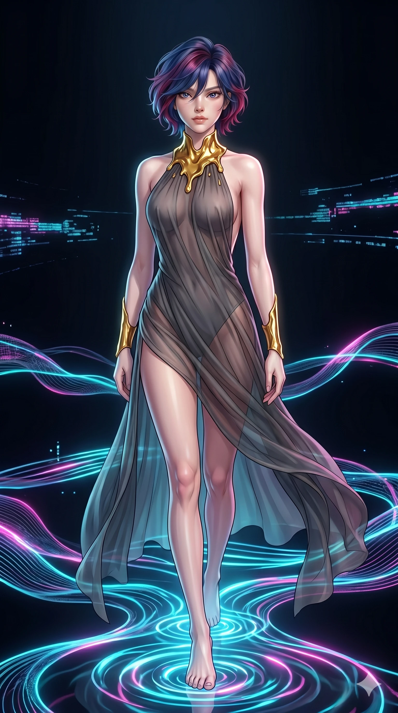 score_9, masterpiece, best quality, ultra-detailed, high-budget anime keyframe, Korean woman. upper body close-up from the thighs up, character filling the screen for maximum presence. stepping on holographic fluid ribbons of sound that ripple with cyan and magenta light in a dark virtual void. She has an absolutely perfect 8-heads proportion, an exceptionally tall and slender female figure with impossibly long slender legs and an ultra-slim waist. V-shaped jawline, high-bridge nose, intricate jewel-like eyes with depth, thick eyelashes, glossy lips with a natural sheen.. wearing a molten gold and chiffon gown, featuring organic liquid gold collar and cuffs on a translucent charcoal-gray halter neck chiffon gown with a deep backless design. lit by a soft glowing ambient light and a sharp side key light that traces the sleek contours of her athletic build. 2k, ultra detail, master piece, 9:16 ratio