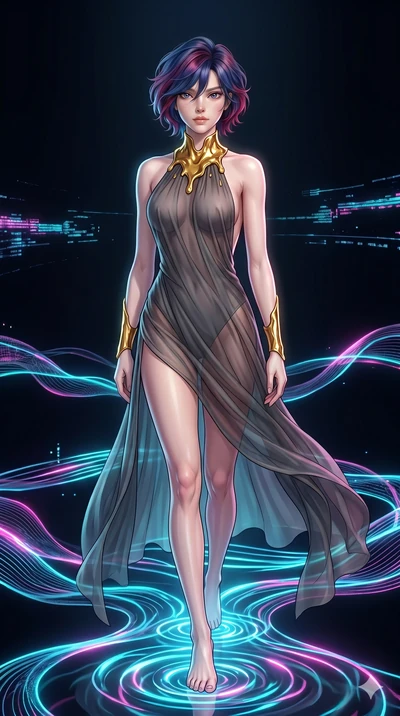 score_9, masterpiece, best quality, ultra-detailed, high-budget anime keyframe, Korean woman. upper body close-up from the thighs up, character filling the screen for maximum presence. stepping on holographic fluid ribbons of sound that ripple with c