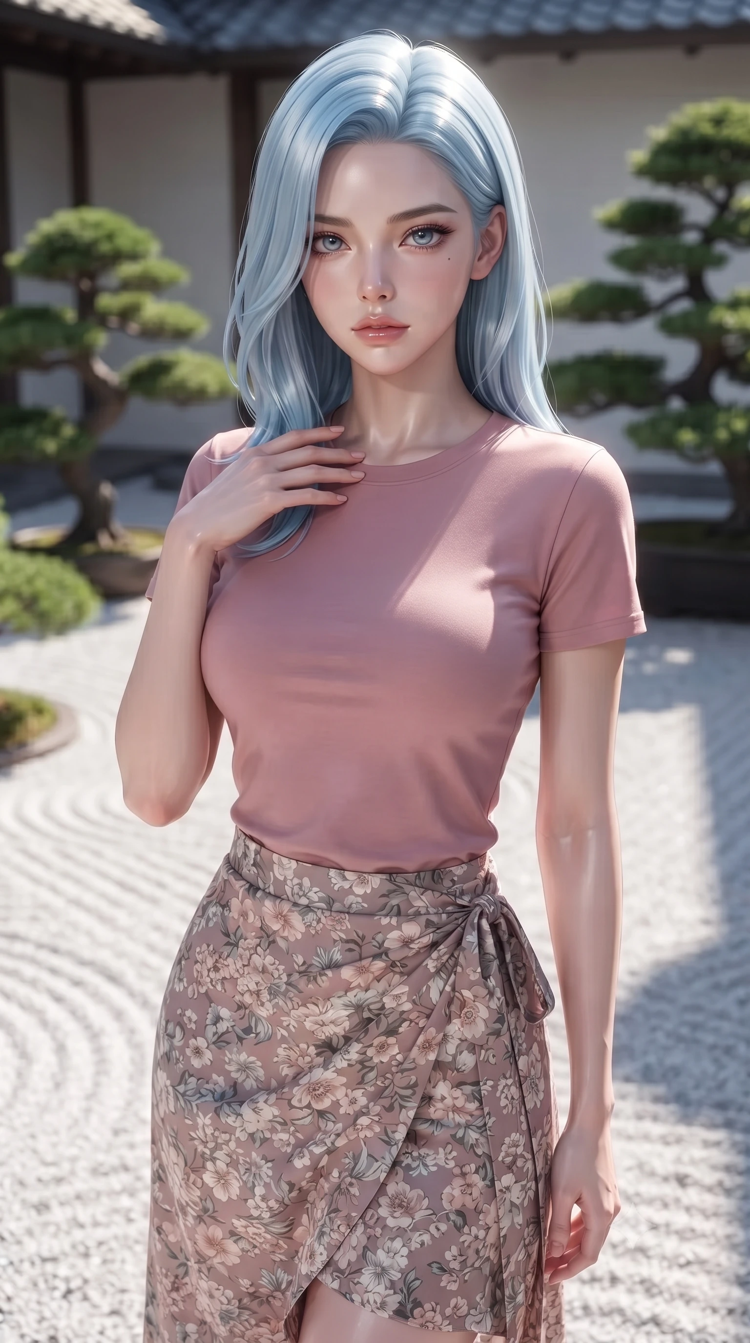 score_9, masterpiece, best quality, ultra-detailed, high-budget anime keyframe, editorial fashion photography, tasteful artistic composition, Korean woman woman. close-up cowboy shot from the waist and thighs up, the character dominates the composition, filling the frame with her large presence, background elements kept in soft focus. standing with one hand resting on her collarbone, looking at the viewer with bedroom-eyes the background shows a soft-focus a white raked gravel courtyard with structured green bonsai trees in a quiet villa yard. She has an exceptionally elegant, slender, and willowy female figure with an ultra-slim waist, a gracefully sculpted slender torso, and a refined silhouette. sharp v-shaped jawline, high-bridge nose, intricate jewel-like eyes with depth, thick eyelashes, glossy lips with a natural sheen. wearing a slim-fit simple crewneck t-shirt in dusty pink paired with a floral print wrap skirt. crisp morning sunlight casting sharp, clean shadows across the gravel. ultra-reflective glossy finish, specular highlights, metallic sheen, high-contrast stereoscopic depth, volumetric dynamic lighting, 2k, ultra detail, master piece, 9:16 ratio