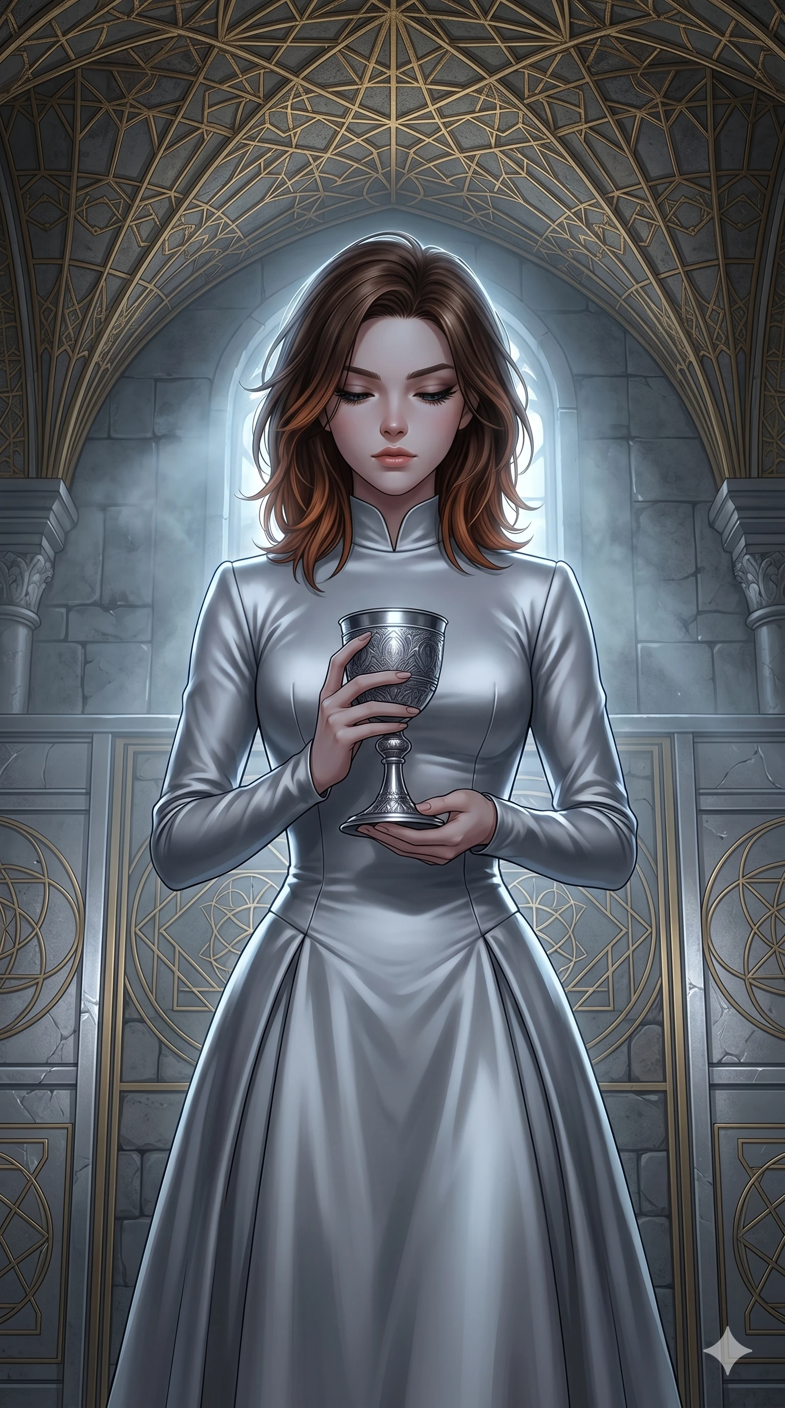 score_9, masterpiece, best quality, ultra-detailed, high-budget anime keyframe, editorial fashion photography, tasteful artistic composition, Korean woman. cowboy shot from the thighs up, character and outfit filling the frame for maximum editorial presence. holding a silver chalice, looking down with lowered lashes in a composed, powerful gesture inside a mathematical temple with golden geometric ceiling patterns (Code-P17-049). She has an absolutely perfect 8-heads proportion, an exceptionally tall and slender female figure with impossibly long slender legs and an ultra-slim waist. V-shaped jawline, high-bridge nose, intricate jewel-like eyes with depth, thick eyelashes, glossy lips with a natural sheen. wearing a structured high-neck heavy satin gown with long sleeves. cool silver moonlight filtered through the mist, creating a dramatic, ethereal rim light. 2k, ultra detail, master piece, 9:16 ratio