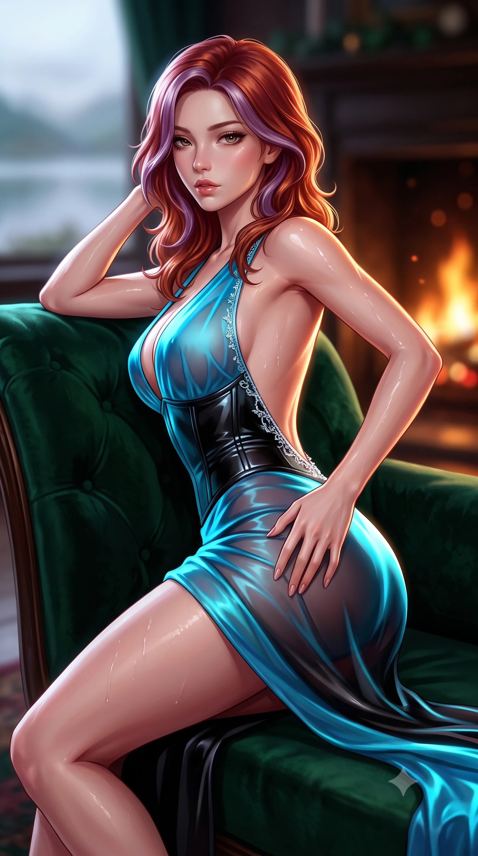 score_9, masterpiece, best quality, ultra-detailed, high-budget anime keyframe, semi-realistic 3D game render, editorial fashion photography, tasteful artistic composition, Caucasian woman. close-up cowboy shot from the waist and thighs up, the character dominates the composition, filling the frame with her large presence. arching her spine backward with effortless dancer poise, one hand sliding along her hip line as directional light carves specular highlights along her silhouette while reclining across a deep emerald velvet chaise lounge propped on one elbow, her slender waist and curved hips sculpted by warm hearth fire chiaroscuro. The composition keeps background elements in soft focus with creamy bokeh. mist-shrouded Scottish loch waters and roaring fireplace embers blurred into deep emerald, whiskey-gold, and heather-violet bokeh. She has an exceptionally elegant, slender, and willowy female figure with an ultra-slim waist, flat toned midriff, narrow ribcage, and sculpted feminine hips creating an alluring, slim hourglass silhouette without bulk. sharp v-shaped jawline, high-bridge nose, intricate jewel-like eyes with depth, thick eyelashes, glossy parted lips with a natural sheen, intensely captivating and seductive bedroom-eyes expression, flawlessly proportioned anatomical accuracy, strict slender model proportions, natural body alignment, perfectly sculpted long slender limbs, ultra-slim waistline, clean dynamic posture without body distortion. wearing a delicate semi-translucent silk yukata that clings to her wet skin and curvy hip contours in electric cyan and high-gloss lacquer black, made of fluid silk crepe with delicate inner corsetry boning, finished with delicate crystal frost embroidery tracing the plunging neckline, the dramatically scooped open back descending to the base of her spine, accentuating her razor-sharp statuesque lines and slim hourglass silhouette. illuminated by crisp directional rim lighting sharply carving her razor-sharp jawline, narrow waist, and curvy hips. highly saturated vibrant anime colors, detailed shading with soft gradients, rich glossy textures, high-contrast stereoscopic depth, volumetric dynamic lighting, master piece, 9:16 ratio