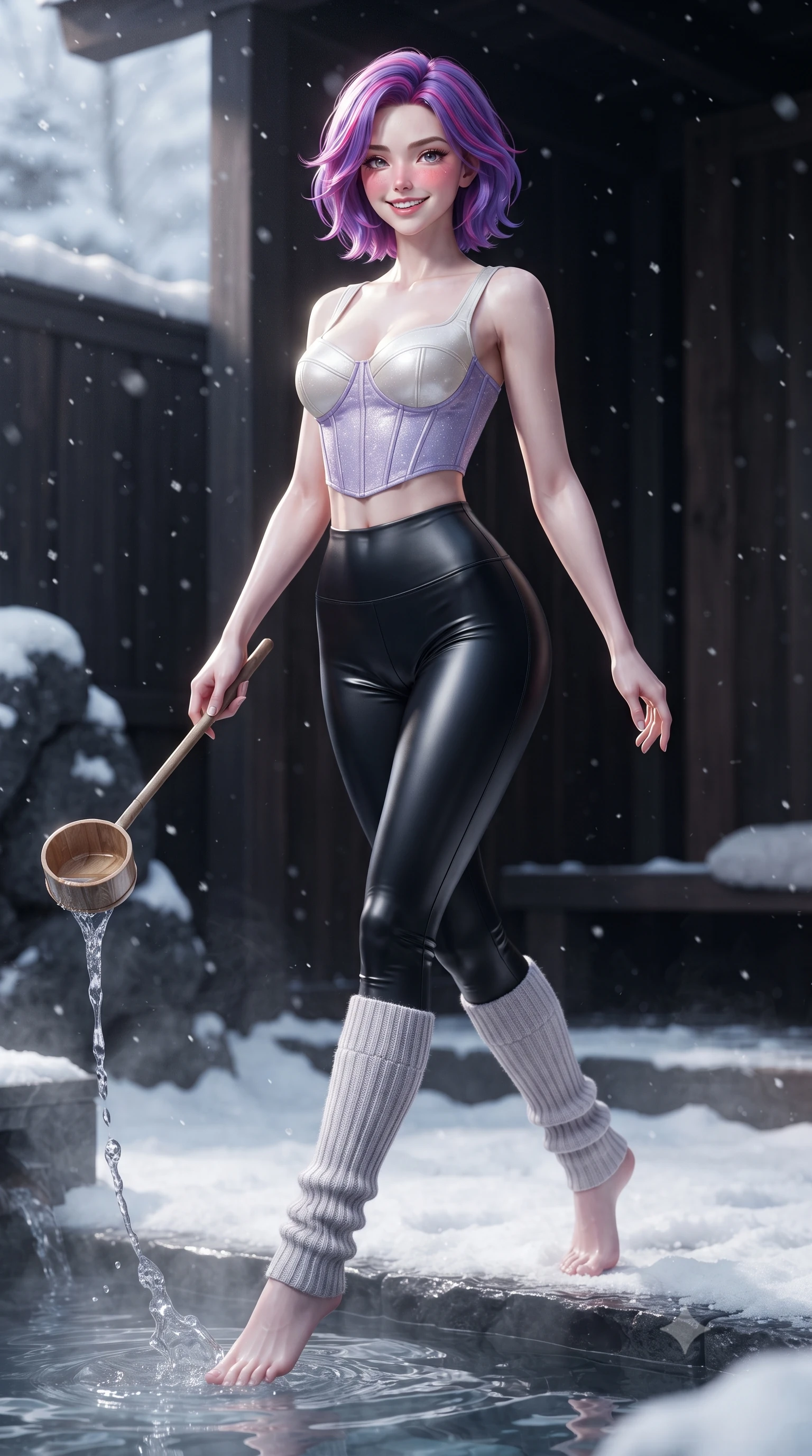 score_9, masterpiece, best quality, ultra-detailed, high-budget anime keyframe, editorial fashion photography, tasteful artistic composition, Caucasian woman. low angle full-body shot from head to toe showing her feet, filling the entire 9:16 vertical frame with her statuesque presence, stretching her vertical silhouette. stepping forward gracefully across the snow terrace in mid-motion with a radiant beaming smile, hips swaying in an alluring kinetic rhythm that accentuates her curvy hourglass silhouette and long slender legs while resting one hand on the wooden ladle while dipping a toe into the crystal thermal water, her long slender limbs radiating warm sensual charisma. The surrounding environment is rendered in vivid detail and crisp panoramic clarity. sharp volcanic basalt stone pores, dark wet cedar wood grain, and delicate falling snowflake shapes in deep focus. She has an exceptionally tall and slender model-like 8.5-heads proportion, an ultra-slim waist, a flat toned midriff, narrow delicate ribcage, and beautifully sculpted feminine hips creating a graceful, slim hourglass silhouette without any bulky heaviness, with impossibly long slender legs. sharp v-shaped jawline, high-bridge nose, sparkling ice-crystal eyes with depth, frosty thick lashes, glossy parted lips with a rosy berry sheen, bright playful smile with an intoxicating seductive glint, rosy flushed cheeks radiating cozy warmth and dangerous allure, flawlessly proportioned anatomical accuracy, strict slender model proportions, natural body alignment, perfectly sculpted long slender limbs, ultra-slim waistline, clean dynamic posture without body distortion. wearing sleek black liquid-look thermal leggings paired with a cropped structured corset top in frosty lilac violet and pearlescent ivory, tailored from crisp technical ski fabric with clean aerodynamic lines, complemented by cozy ribbed wool knee-high leg warmers accentuating her slender legs, the glove-like silhouette tightly following the natural contour of her hips and long slender legs with youthful 8.5-heads elegance. illuminated by steaming spring water caustics and crisp silver rim lighting sharply carving her razor-sharp jawline, narrow waist, and curvy hips. ultra-reflective glossy finish, specular highlights, rich textural contrasts, high-contrast stereoscopic depth, volumetric dynamic lighting, 2k, ultra detail, master piece, 9:16 ratio