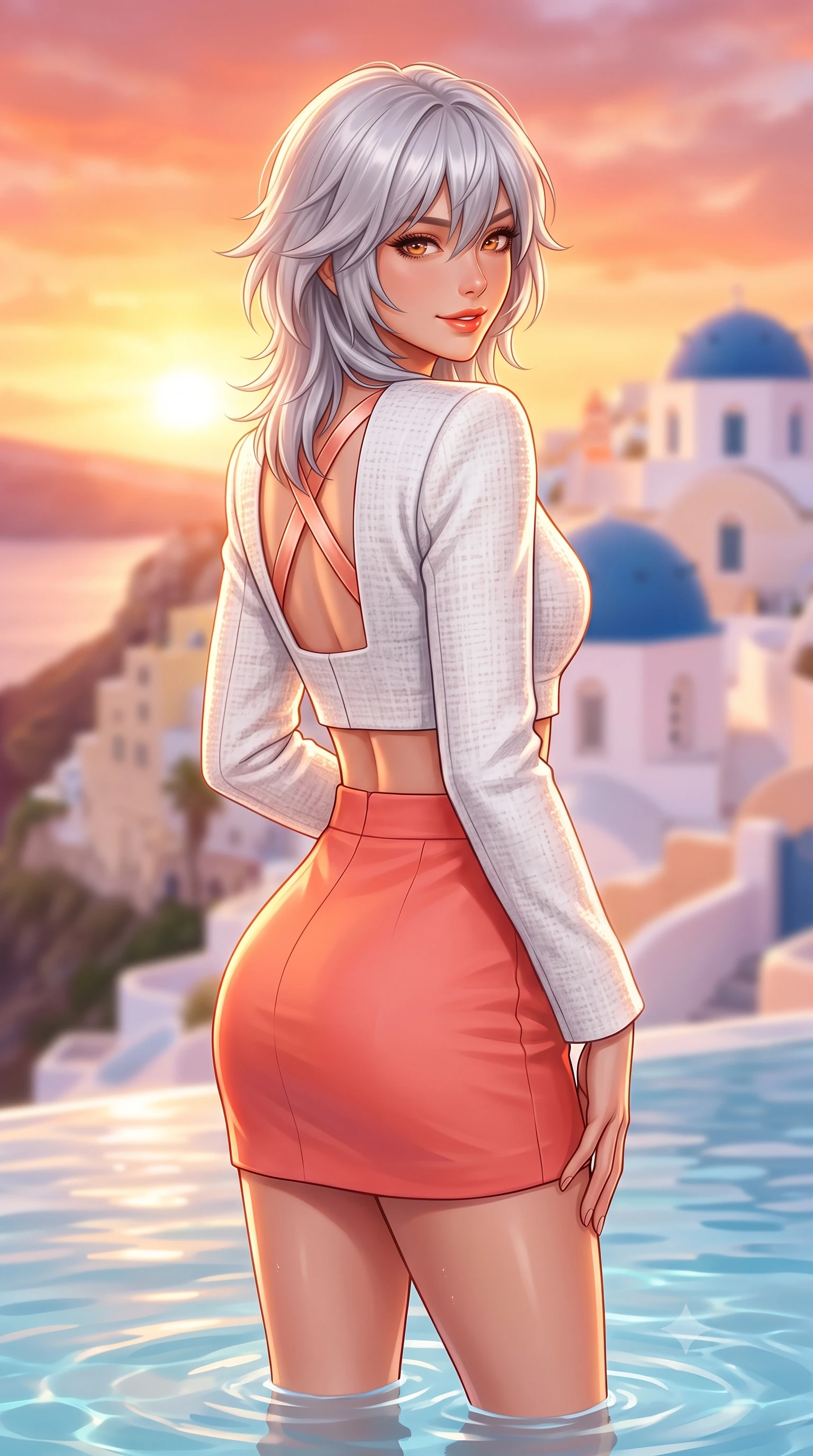 score_9, masterpiece, best quality, ultra-detailed, high-budget anime keyframe, semi-realistic 3D game render, editorial fashion photography, tasteful artistic composition, Japanese woman. close-up cowboy shot from the waist and thighs up, the character dominates the composition, filling the frame with her large presence. posing in an alluring rear three-quarter angle, turning over a bare shoulder with an intoxicating sunlit gaze, her hips cocked back to highlight her slim hourglass curve while standing knee-deep in the crystal infinity pool at the caldera edge, arching her back as the colossal Aegean sunset paints the sky in molten orange and rose. The composition keeps background elements in soft focus with dreamy creamy bokeh. cascading whitewashed cliffside cave houses and distant blue church domes blurred into pastel peach, lavender, and champagne bokeh. She has an exceptionally elegant, slender, and willowy female figure with an ultra-slim waist, flat toned midriff, narrow ribcage, and sculpted feminine hips creating an alluring, slim hourglass silhouette without bulk. sharp v-shaped jawline, high-bridge nose, sparkling amber-hazel eyes with depth, long lush eyelashes, glossy sun-kissed lips with a warm coral glaze, radiant teasing smile with sensual sunlit bedroom-eyes, exuding effortless old-money elegance and intoxicating sun-drenched allure, flawlessly proportioned anatomical accuracy, strict slender model proportions, natural body alignment, perfectly sculpted long slender limbs, ultra-slim waistline, clean dynamic posture without body distortion. wearing a luxury white tweed two-piece resort set with a cropped jacket and ultra-fitted high-waisted mini skirt tracing her hips in vibrant sunset coral and cloud white, tailored from crisp cotton poplin with clean structural architectural lines, finished with criss-cross back satin straps highlighting her graceful shoulder blades, the form-contouring cut accentuating her sculpted flat midriff, narrow delicate ribcage, and gracefully curvy hips with sun-drenched supermodel elegance. bathed in intense, glowing Mediterranean golden hour sunlight that bathes every surface in warm amber and gold. highly saturated vibrant anime colors, detailed shading with soft gradients, rich glossy textures, high-contrast stereoscopic depth, volumetric dynamic lighting, master piece, 9:16 ratio