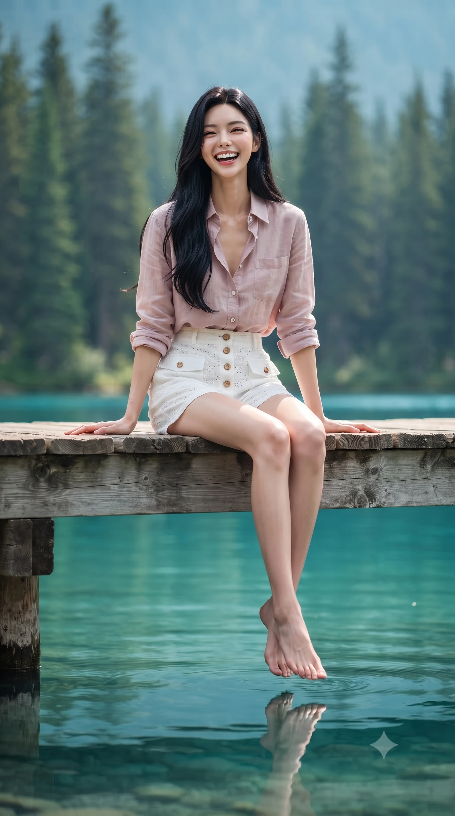score_9, masterpiece, best quality, ultra-detailed, high-budget anime keyframe, editorial fashion photography, tasteful artistic composition, Korean woman. low angle full-body shot from head to toe showing her feet, filling the entire 9:16 vertical frame with her statuesque presence, stretching her vertical silhouette. leaping with lighthearted youthful energy across the natural path with a dazzling bright smile and balanced athletic poise while sitting gracefully on a rustic wooden pier dangling her feet above mirror-like turquoise glacial lake water. The composition keeps background elements in soft focus with creamy bokeh. mirror-still turquoise lake waters and towering evergreen pine forests blurred into radiant emerald and cyan bokeh. She has an absolutely perfect, statuesque 8.5-heads proportion, an exceptionally tall and slender model-like female figure with impossibly long slender legs, a toned flat midriff, and an ultra-slim waist. sharp v-shaped jawline, high-bridge nose, intricate jewel-like eyes with depth, thick eyelashes, glossy lips with a natural sheen, pure and lovely fresh girlhood expression, flawlessly proportioned anatomical accuracy, strict slender model proportions, natural body alignment, perfectly sculpted long slender limbs, ultra-slim waistline, clean dynamic posture without body distortion. wearing a lightweight pastel linen button-down shirt paired with tailored high-rise white Bermuda shorts in soft dusty rose and oatmeal beige, woven with delicate eyelet lace and breathable cotton voile, finished with neat natural wooden buttons and patch pocket details, the chic real-way fashion cut emphasizing her effortless charm, flat midriff, and slender model proportions. surrounded by a serene, peaceful, and breathtakingly lovely lakeside maiden aura. ultra-reflective glossy finish, specular highlights, rich natural textures, high-contrast stereoscopic depth, volumetric dynamic lighting, 2k, ultra detail, master piece, 9:16 ratio