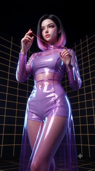 score_9, masterpiece, best quality, ultra-detailed, High-budget Anime Keyframe, editorial fashion photography, tasteful artistic composition, realistic cosplay photography, East Asian woman. Low angle cowboy shot filling the entire 9:16 frame with he