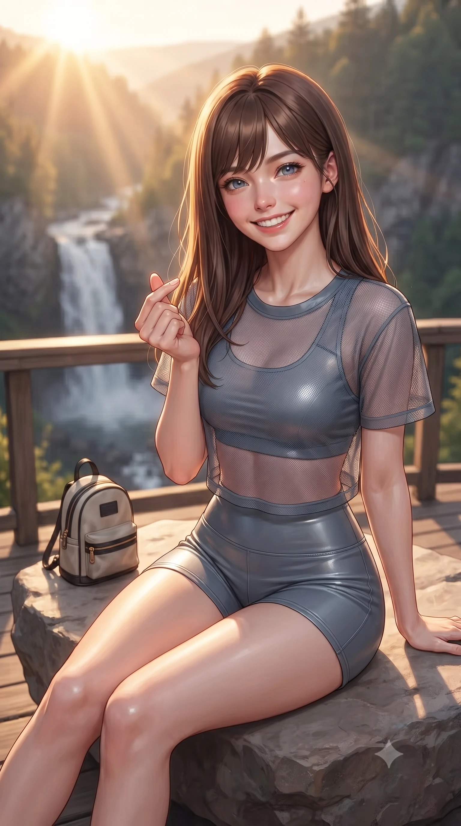 score_9, masterpiece, best quality, ultra-detailed, high-budget anime keyframe, editorial fashion photography, tasteful artistic composition, Korean woman. close-up cowboy shot from the waist and thighs up, the character dominates the composition, filling the frame with her large presence, background elements kept in soft focus. flashing a bright, sunny grin, holding her fingers in a cute small heart shape set against a soft-focus background of on a wooden viewing deck built next to a rushing valley waterfall sitting on a clean rock with a small canvas backpack nearby. She has an exceptionally elegant, slender, and willowy female figure with an ultra-slim waist, a gracefully sculpted slender torso, and a refined silhouette. sharp v-shaped jawline, high-bridge nose, intricate jewel-like eyes with depth, thick eyelashes, glossy lips with a natural sheen. wearing slim-fit sheer mesh athletic top in slate grey, worn over a slim-fit sports bralette and shorts. golden hour sunset light slicing through the valley gorge in warm rays. ultra-reflective glossy finish, specular highlights, metallic sheen, high-contrast stereoscopic depth, volumetric dynamic lighting, 2k, ultra detail, master piece, 9:16 ratio